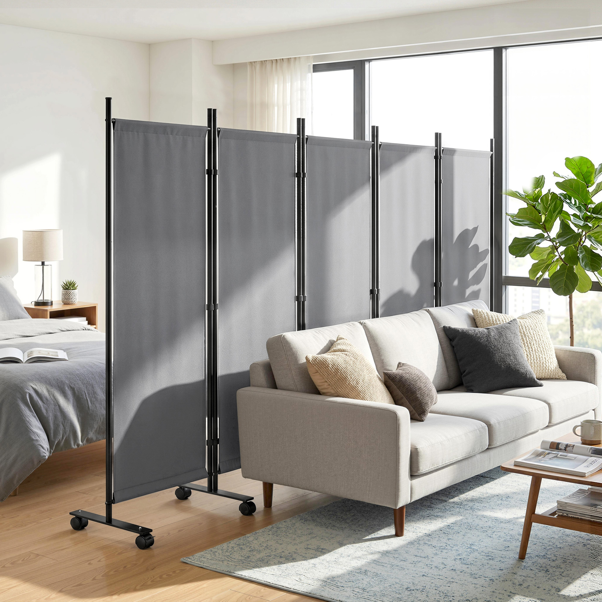 Raumteiler 5-teilig 252 x 40 cm Freistehend Paravent mit 12 Rollen Klappbar Trennwand DIY Dunkelgrau