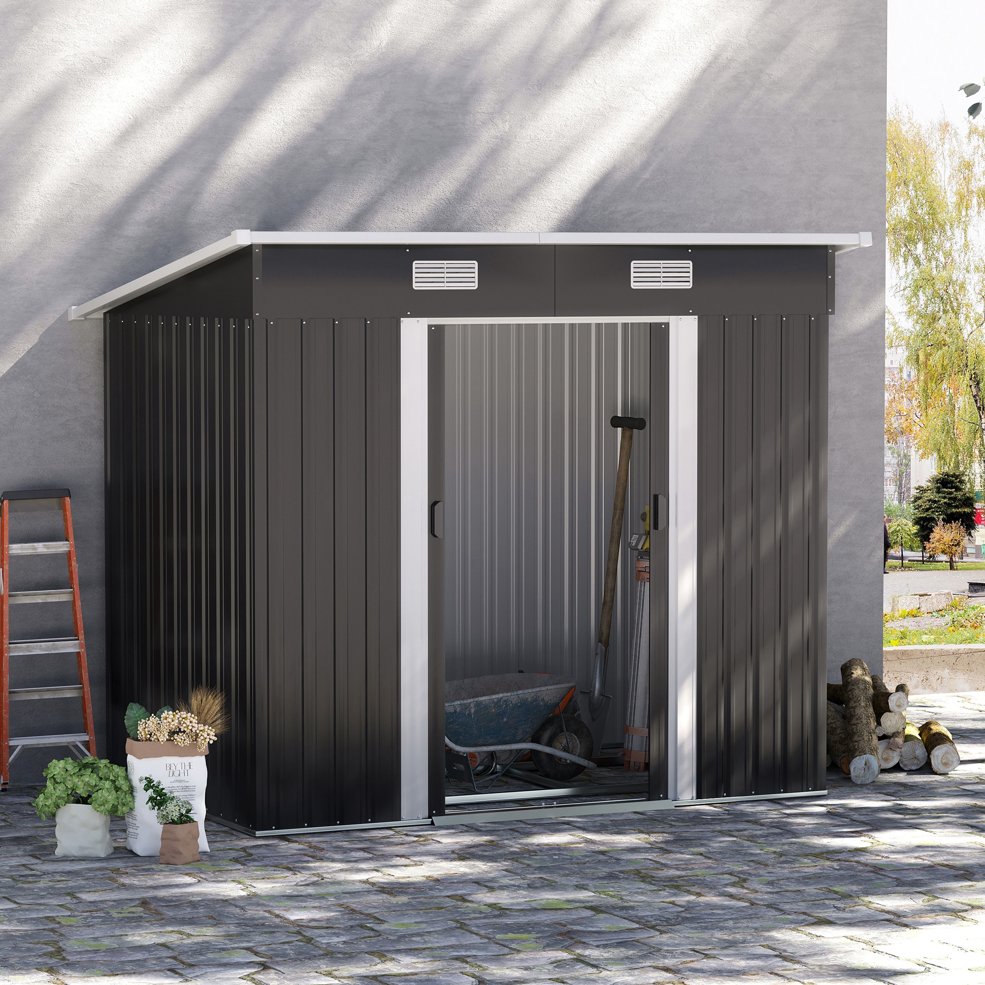 Gerätehaus Metall 2,3 m² 207 x 130 x 182 cm Geräteschuppen mit Pultdach Fenster Bodenrahmen Schwarz