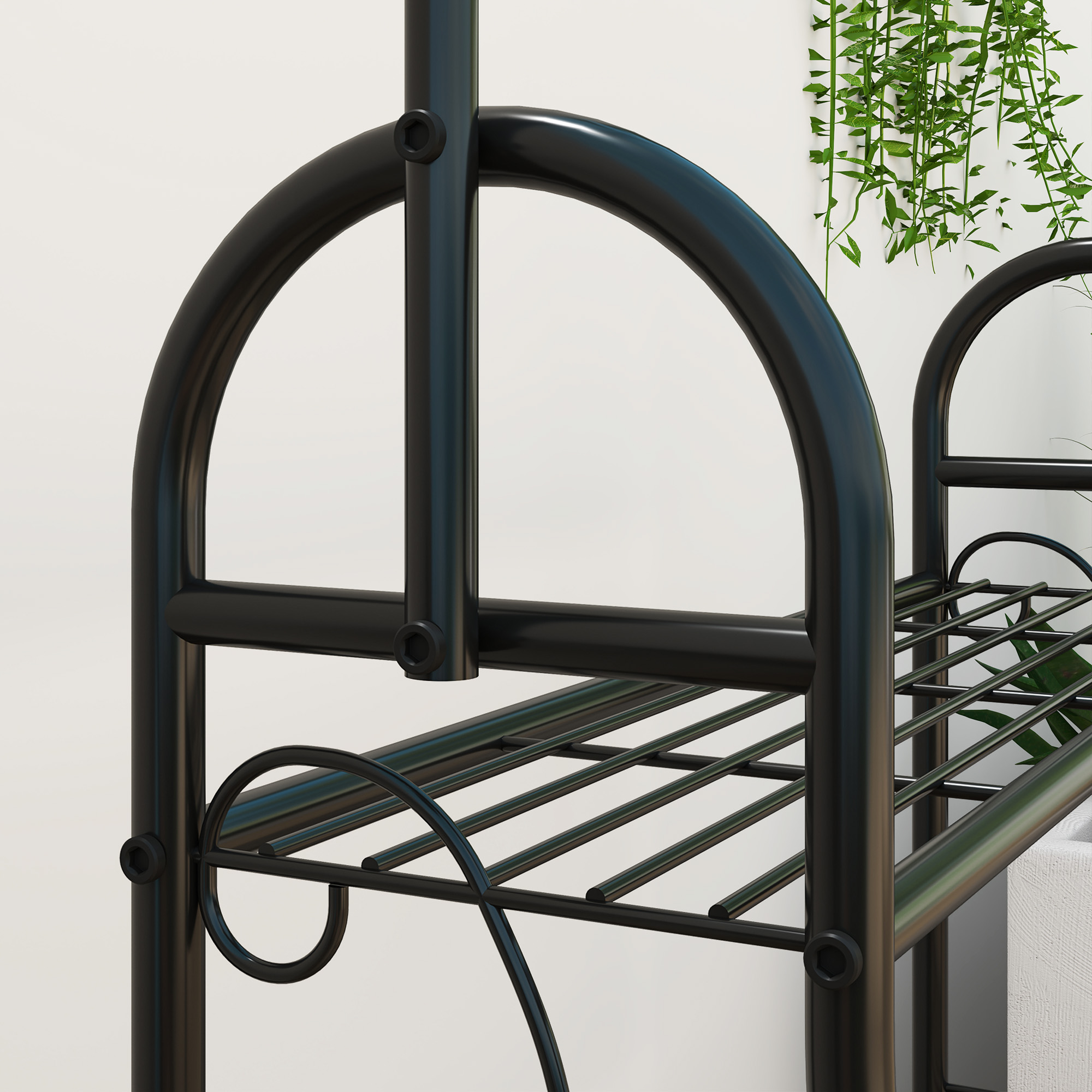 Blumenregal, 3-stufiges Pflanzenregal mit Hängehaken, Metallregal für Blumentöpfe, Indoor- und Outdoor-tauglich, Schwarz
