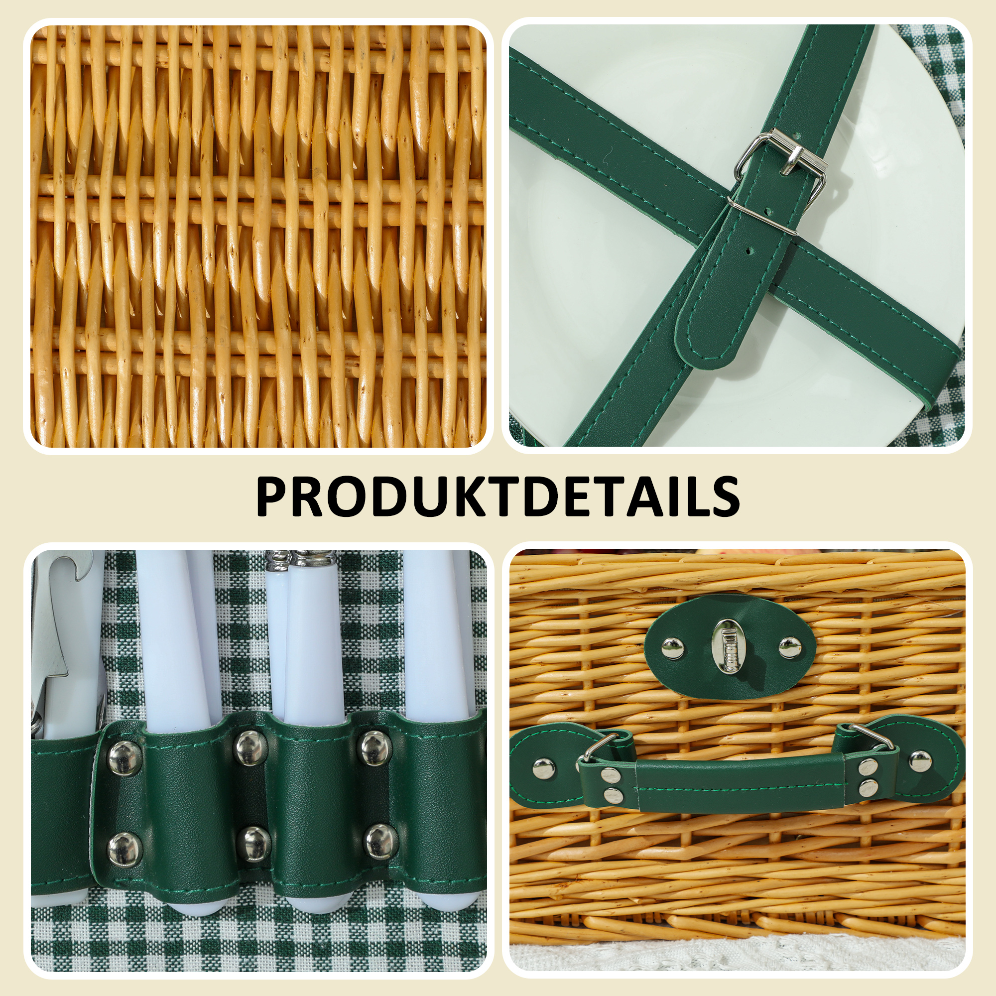 Picknickkorb aus Weidenholz Picknickkoffer für 2 Personen mit Isoliert Kühlfach Besteck Set Hellbraun