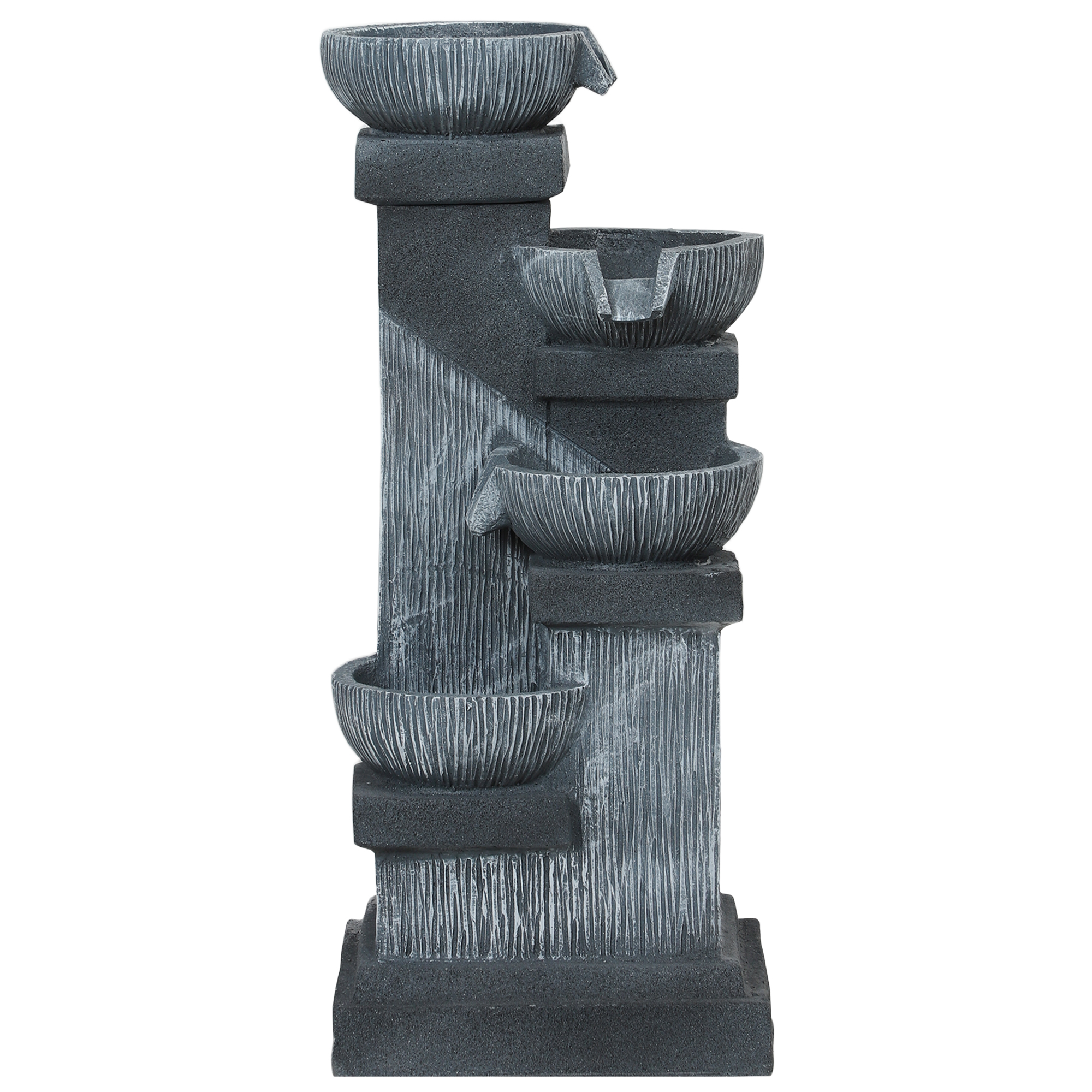 85 cm Outdoor-Brunnen, 4-stufiger Zierbrunnen, künstlicher Wasserfall mit LED-Beleuchtung und Pumpe, Grau