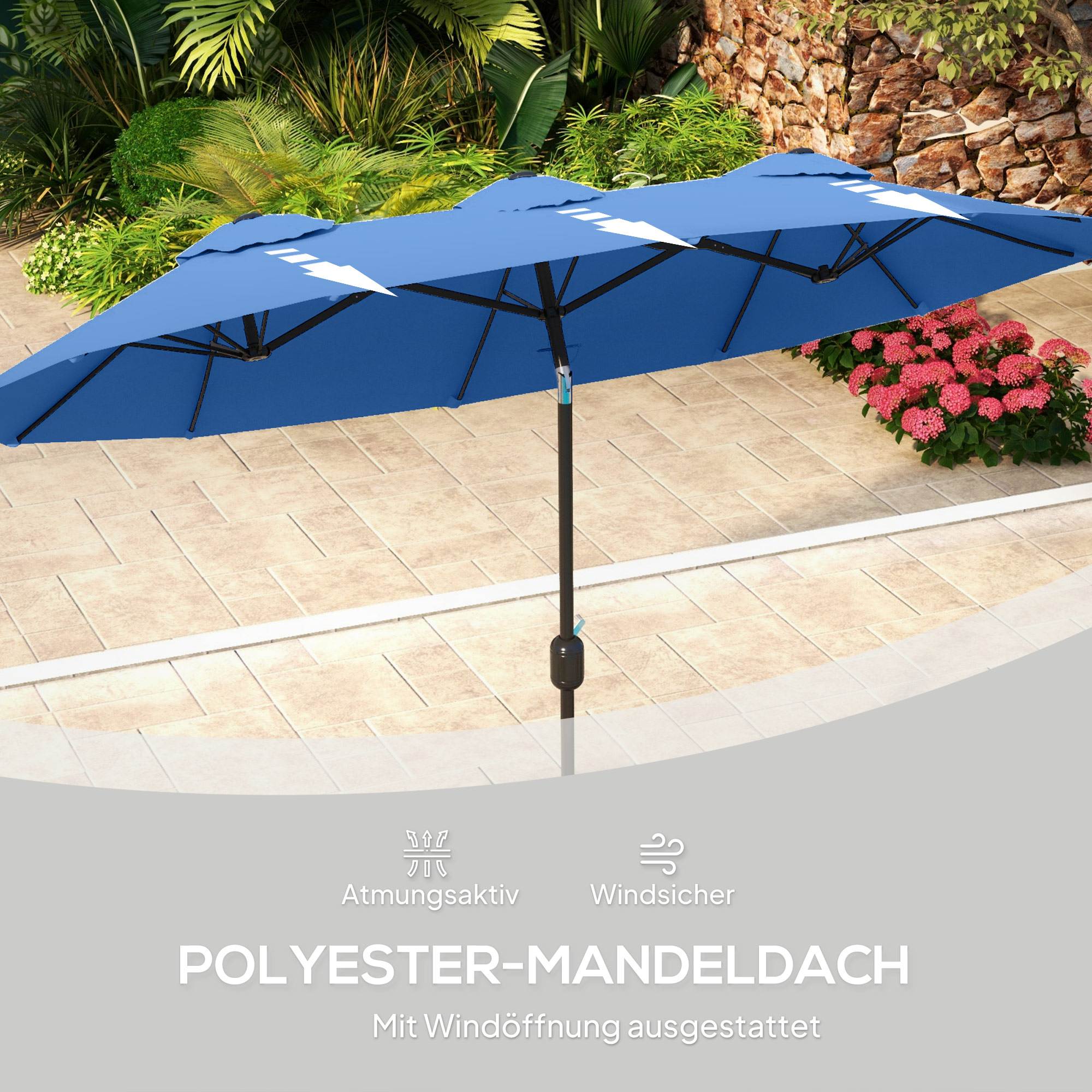 Sonnenschirm, Gartenschirm, neigbar, mit Handkurbel, Winddach, Polyester+Stahl, Marineblau, 285 x 147 cm
