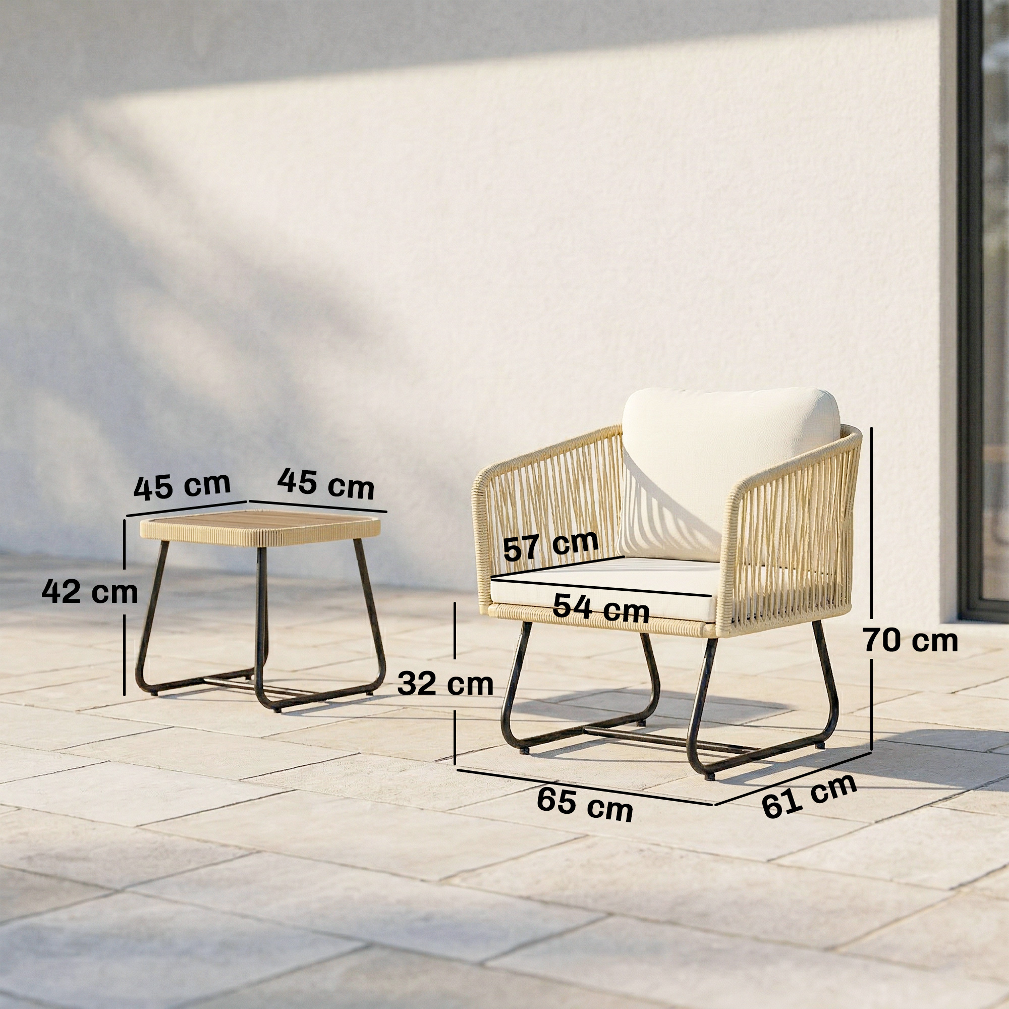 Rattan Bistroset 3 teiliges FSC Gartenmöbel-Set mit 2 Sessel, Lamell-Holztisch, dicke waschbare Kissen Stahlrahmen