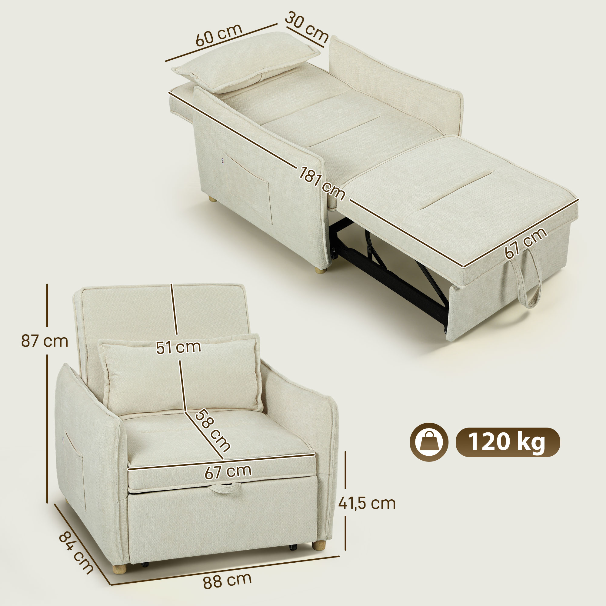 Schlafsessel 3 in 1 Umwandelbarer Sessel mit Bettfunktion, Lendenkissen, für Wohnzimmer Creme