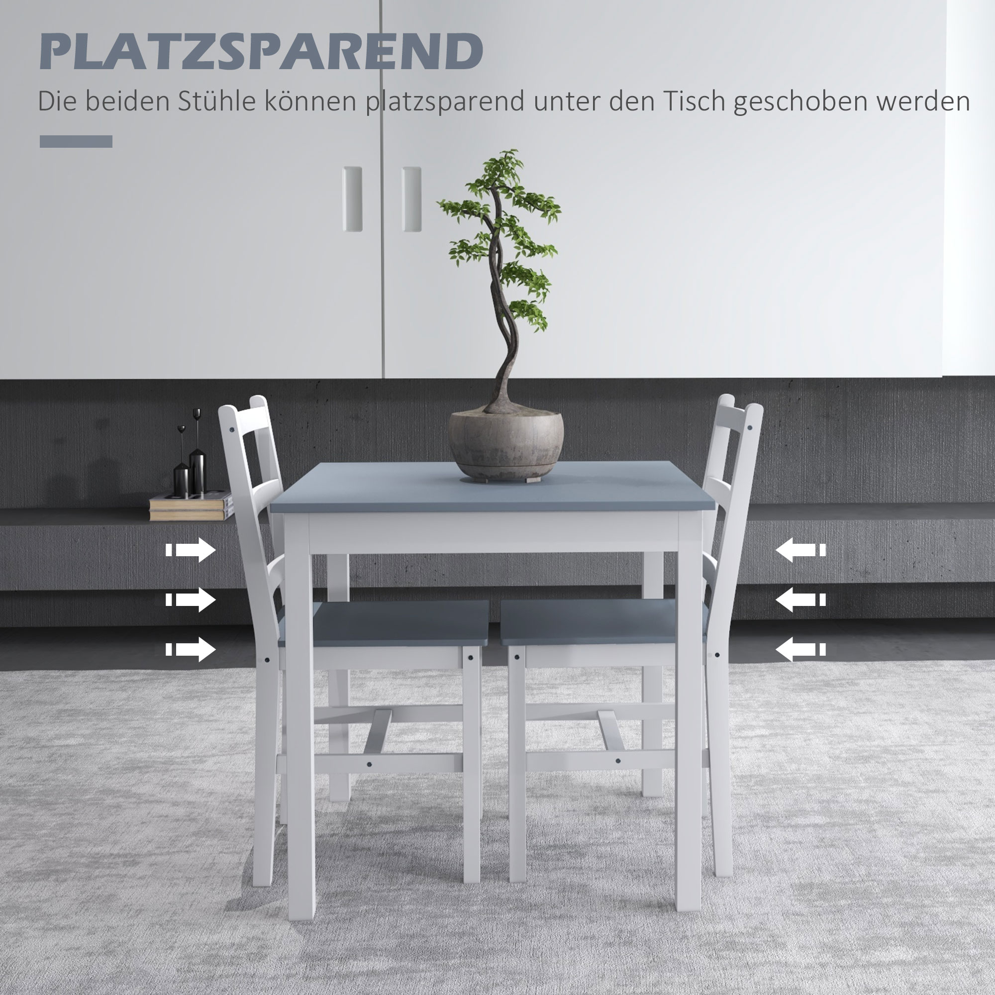 Essgruppe für 2 Personen, 2 Stühle, 1 Tisch, Kiefernholz, Weiß + Grau