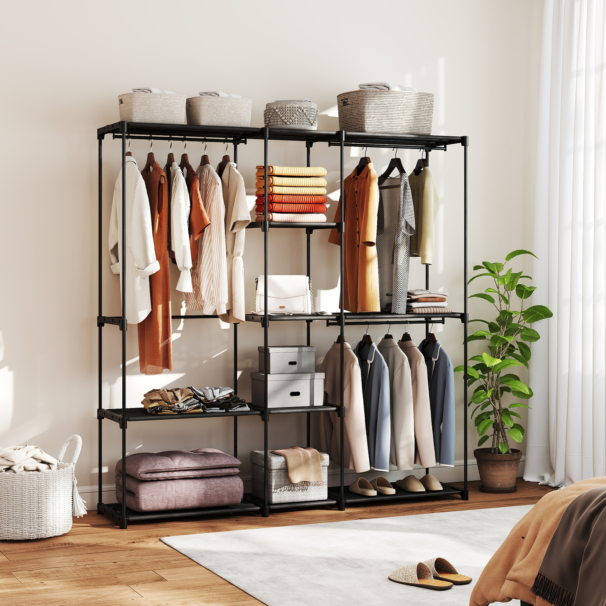 Kleiderschrank offen, 4 Stock Kleiderständer mit 2 Hängefächern für Wohnzimmer, 182 x 43 x 185 cm, Schwarz