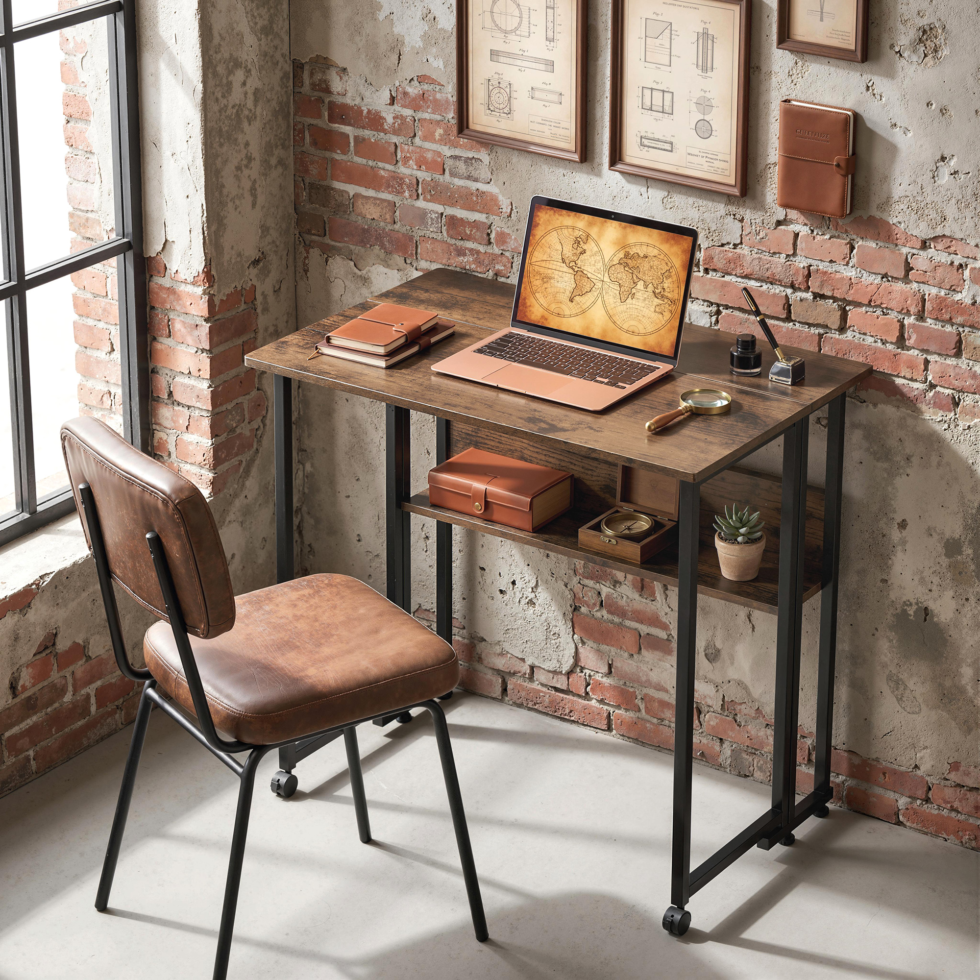 klappbarer Schreibtisch mit Ablagefach, 80 cm Klapptisch für kleine Räume, Büro, Rustikales Braun