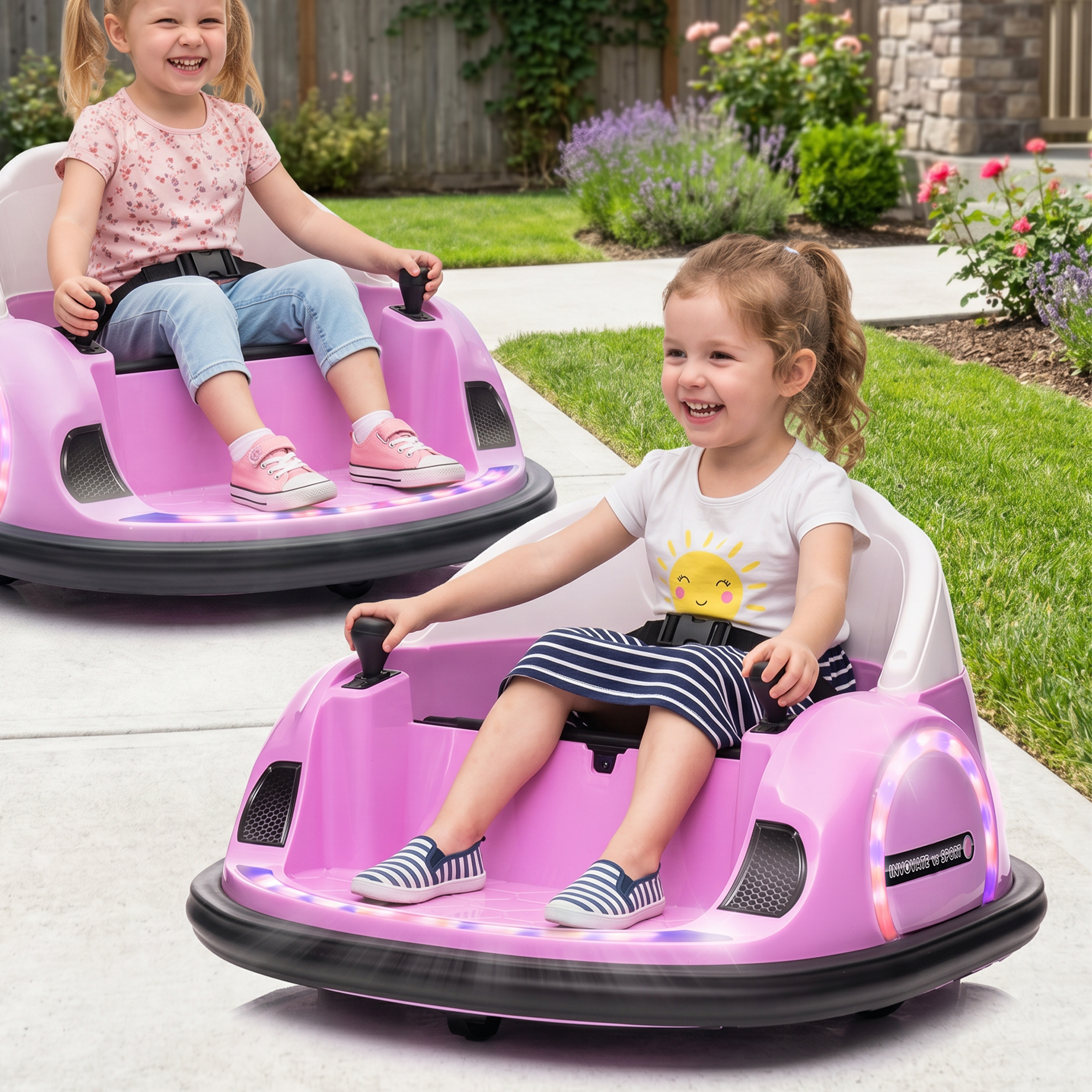 Autoscooter, 360° Rotation, 2 km/h Geschwindigkeit, Sicherheitsgurt, LED-Lichter, Musik und Hupe, Rosa