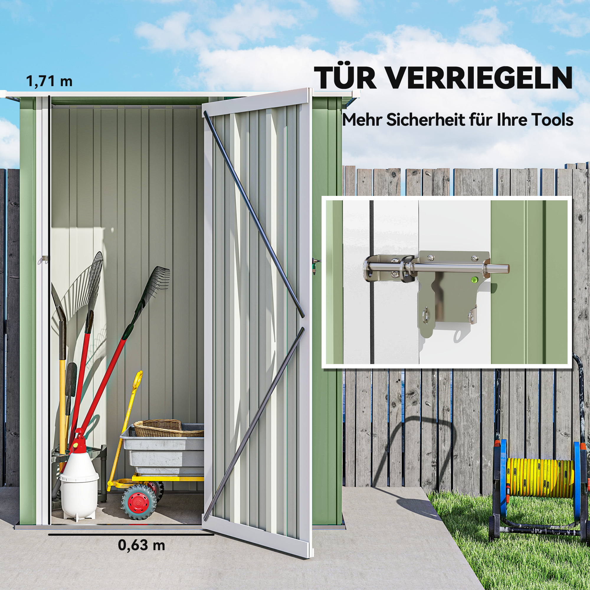 Metall Gerätehaus 1,07 m² 142 x 86 x 189 cm Geräteschuppen mit Pultdach Abschließbarer Tür, wetterfest Gartenhaus Outdoor Garten Schuppen für Hinterhof Außenbereich Grün
