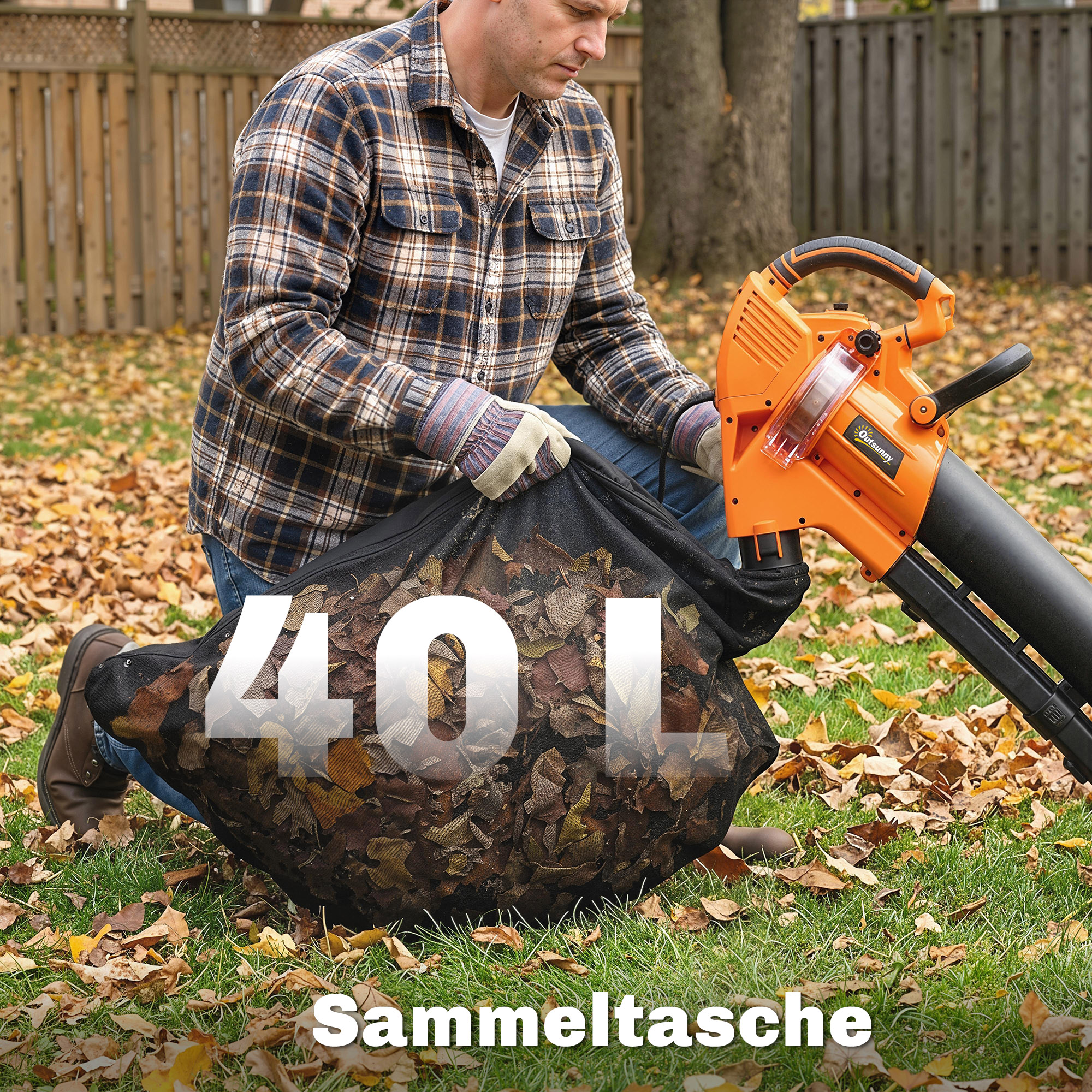 3000W 3-in-1 Elektrischer Laubbläser und Staubsauger mit 40L Auffangbeutel, 4 Rädern, verstellbarem Gurt, Orange