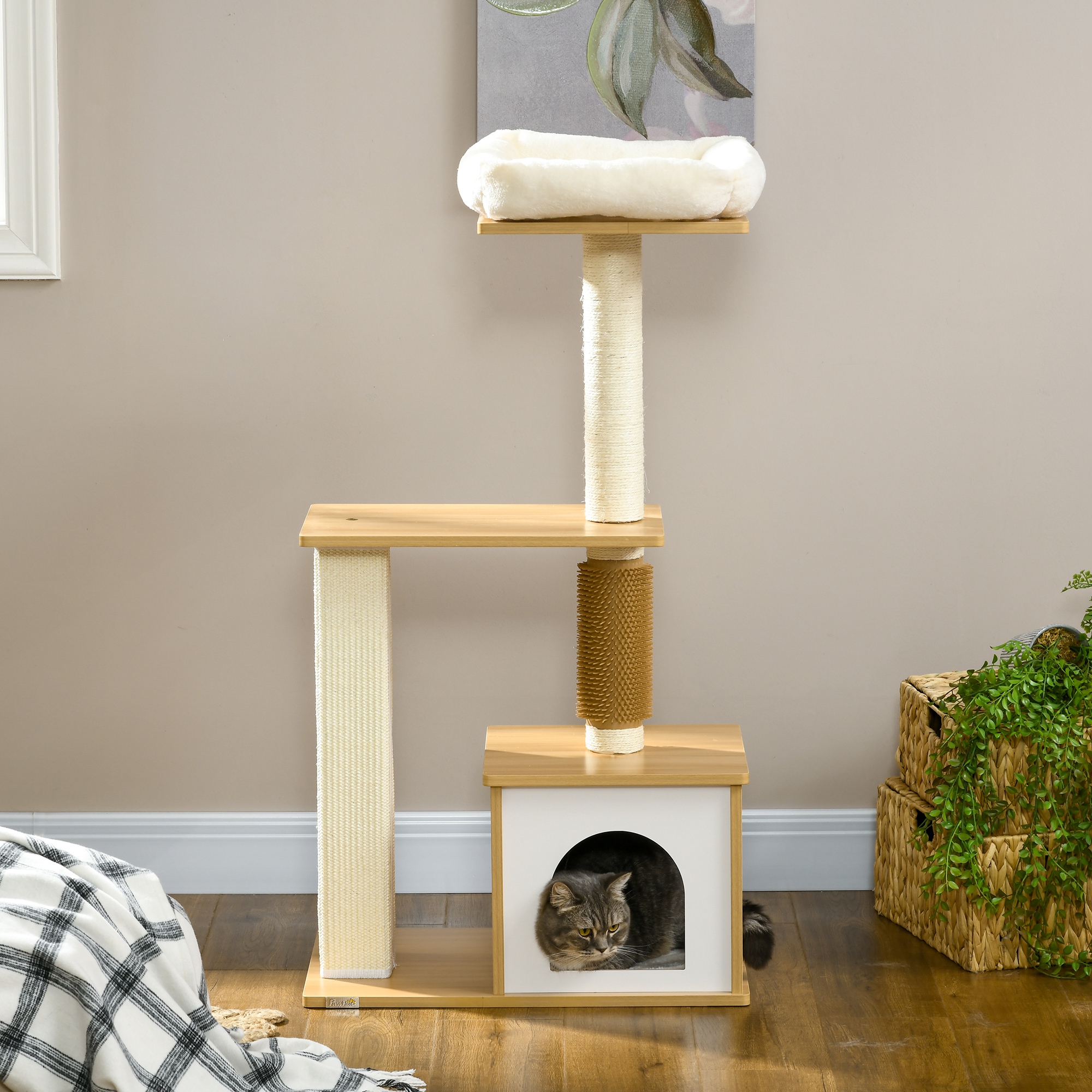Kratzbaum Katzenbaum Katzenhöhle, 1 Katzenbett, 1 Liegefläche, 59,5 cm x 39,5 cm x 114 cm, Braun + Weiß