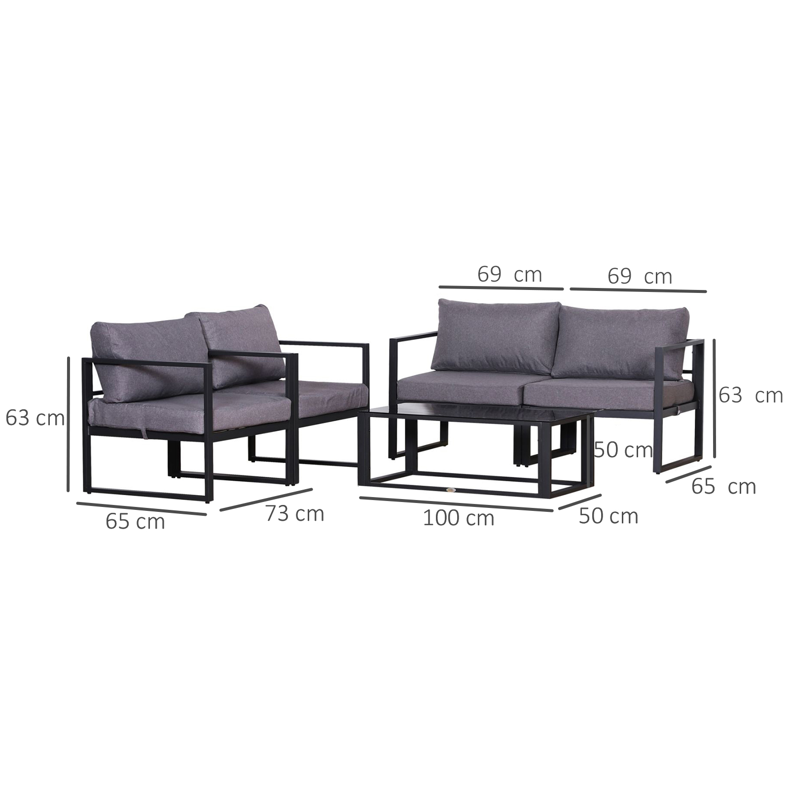 Vierteiliges Gartenmöbel Set, Sitzgruppe, Sofa mit Sitzkissen, Tisch mit Stauraum, Polyester, Grau, 138 x 69 x 63 cm