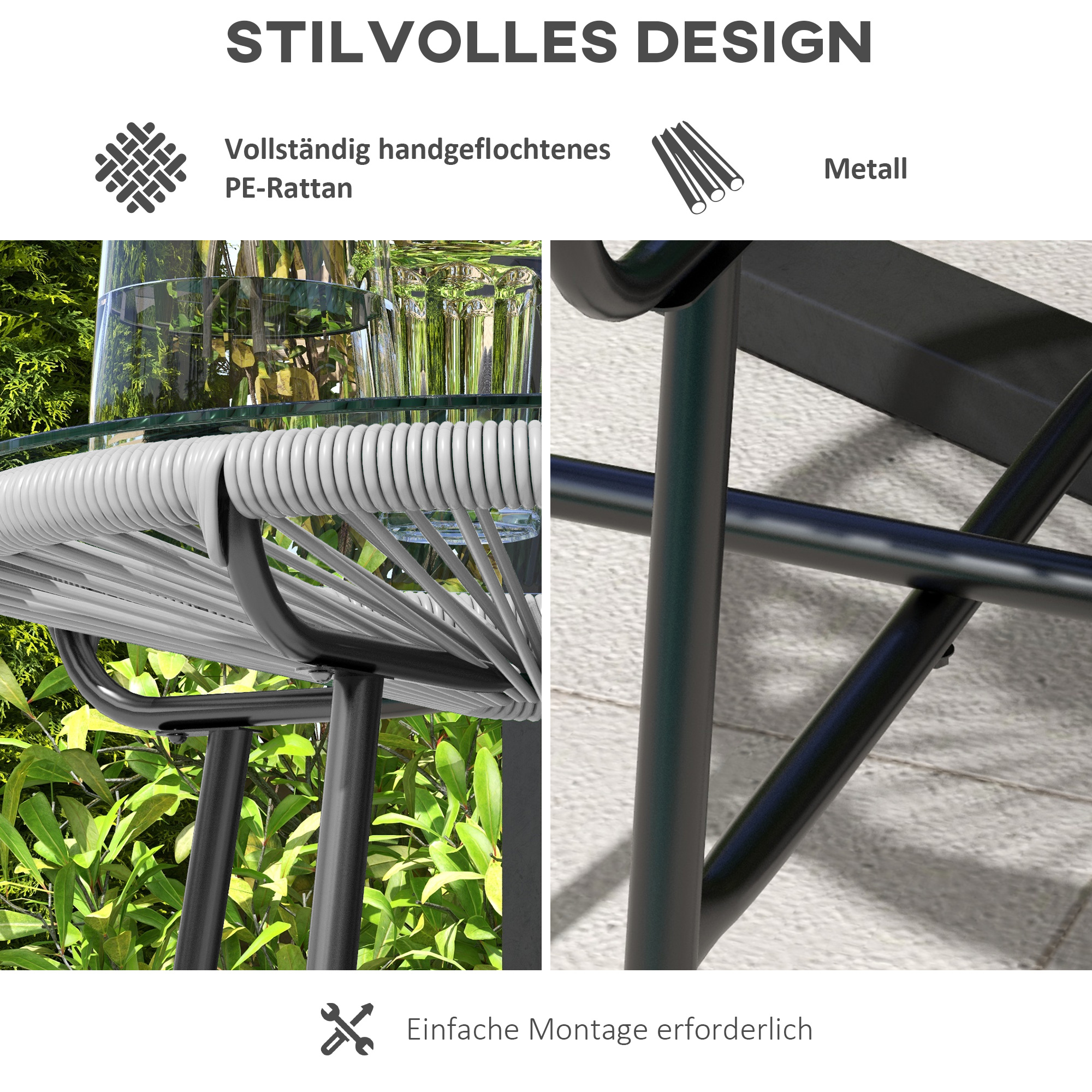 Gartentisch Boho-Stil Outdoor Beistelltisch, PE-Rattan, gehärtetes Glas, wetterbeständig, 50 cm x 50 cm x 50 cm, Grau
