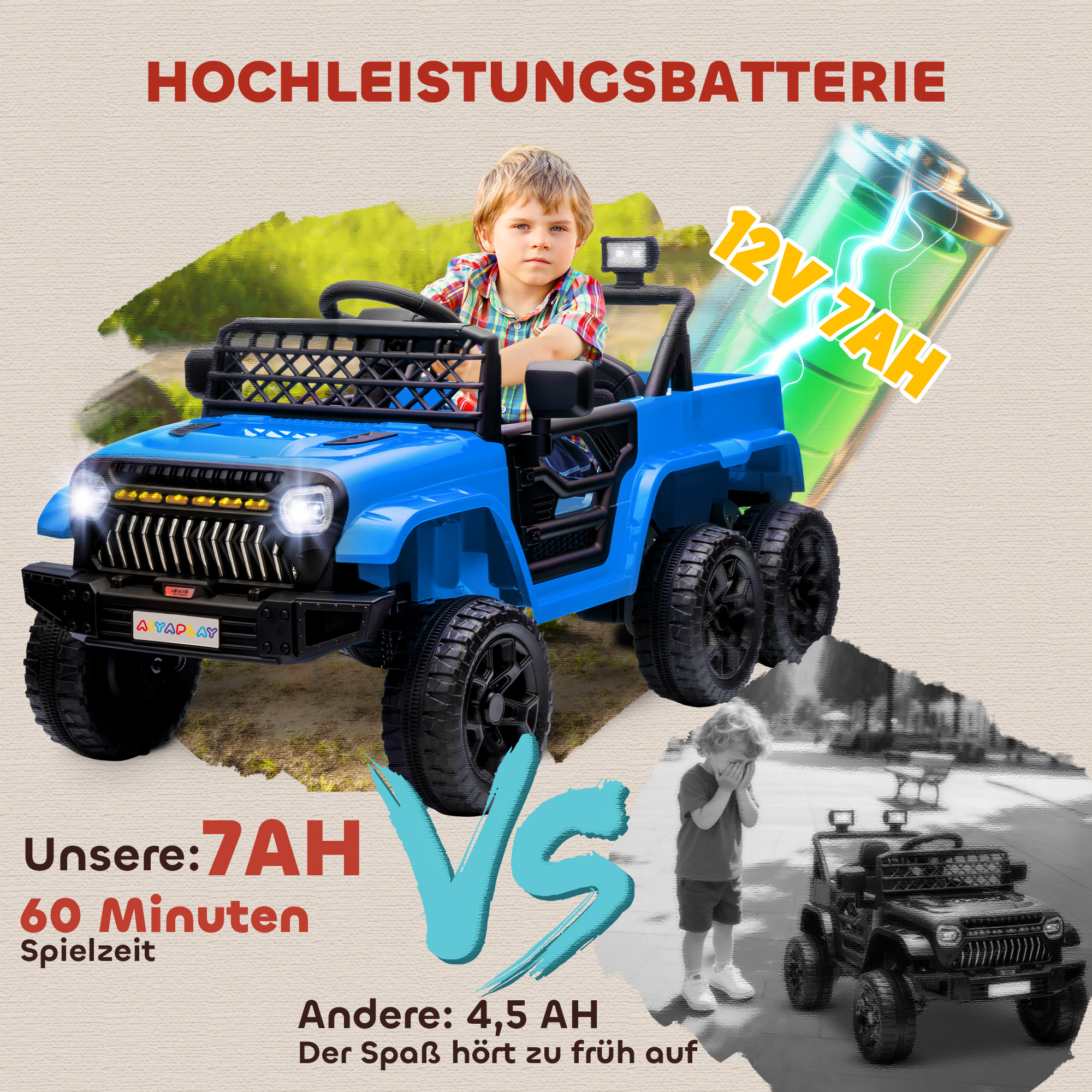 12V Kinderauto, mit Anhänger, LED-Lichtern, Musik und Hupe, für Kinder im Alter von 3-8 Jahren, Hellblau