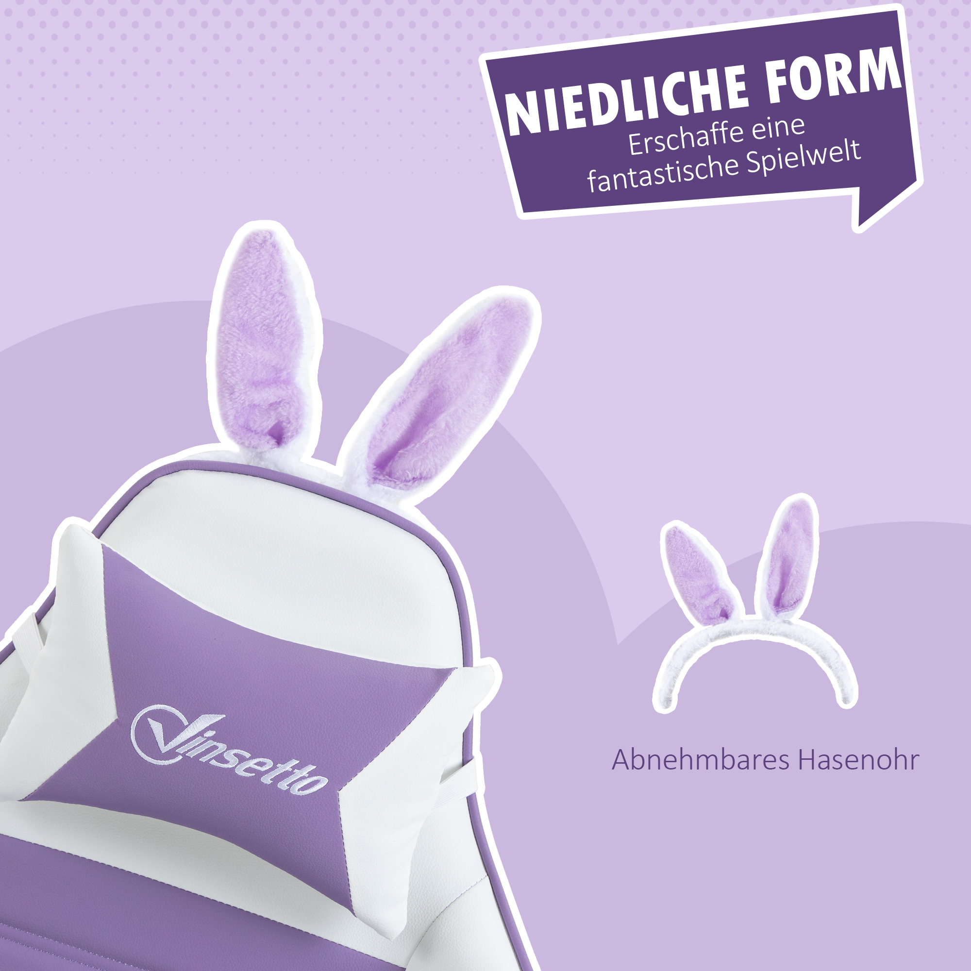 Gaming Stuhl, ergonomischer Gamer Stuhl mit Lendenwirbelstütze, Fußstütze, Hasenohren, Kopfkissen violett