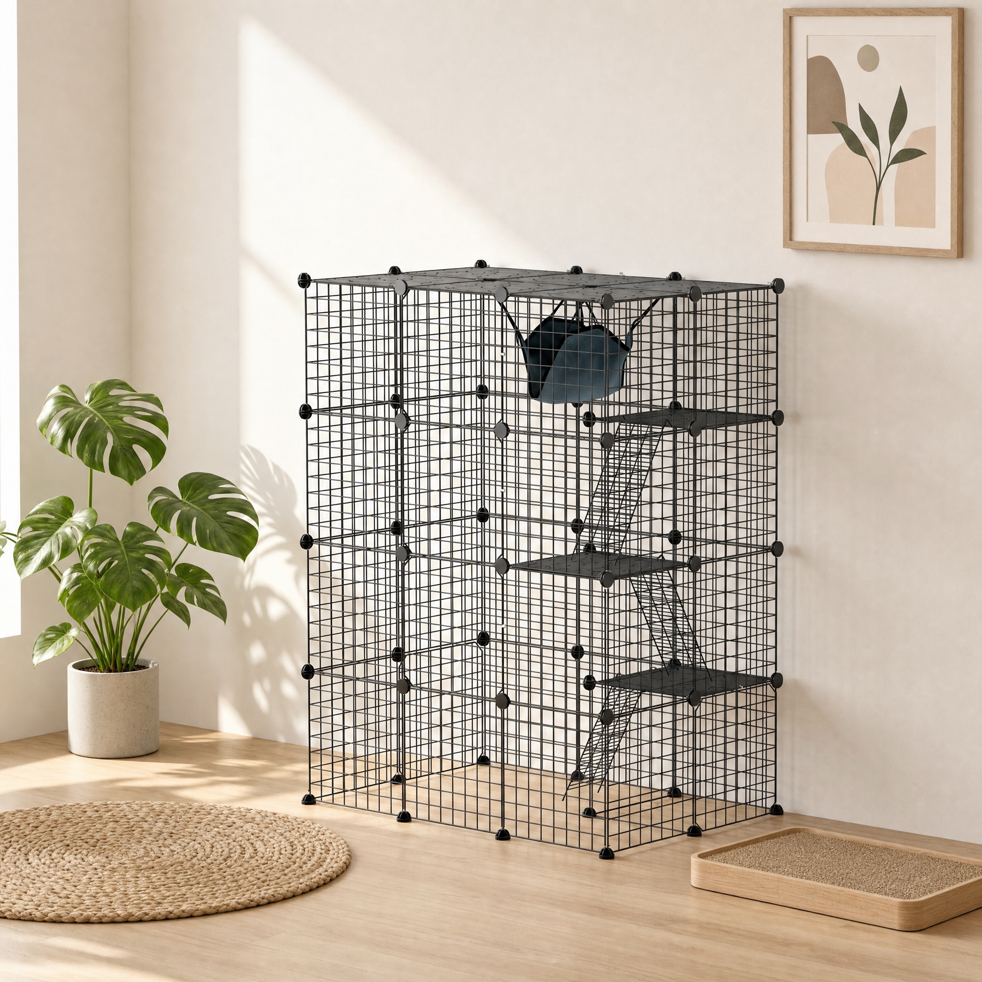 Indoor Katzenkäfig 140 cm, 4-stöckige Stahl-Katzengehege mit 5 Türen, Leitern, Hängematte und Plattform, DIY Schwarz