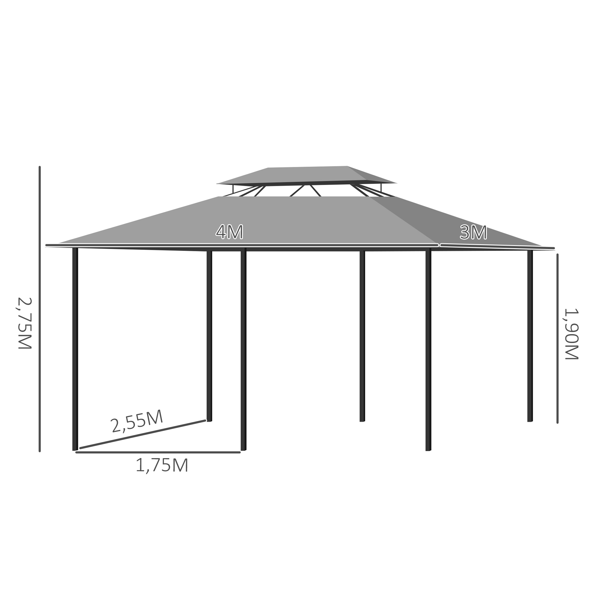 Pavillon 3x4m Gartenpavillon mit 6 Seitenteilen Partyzelt Gartenzelt Festzelt mit Doppeldach Dunkelgrau