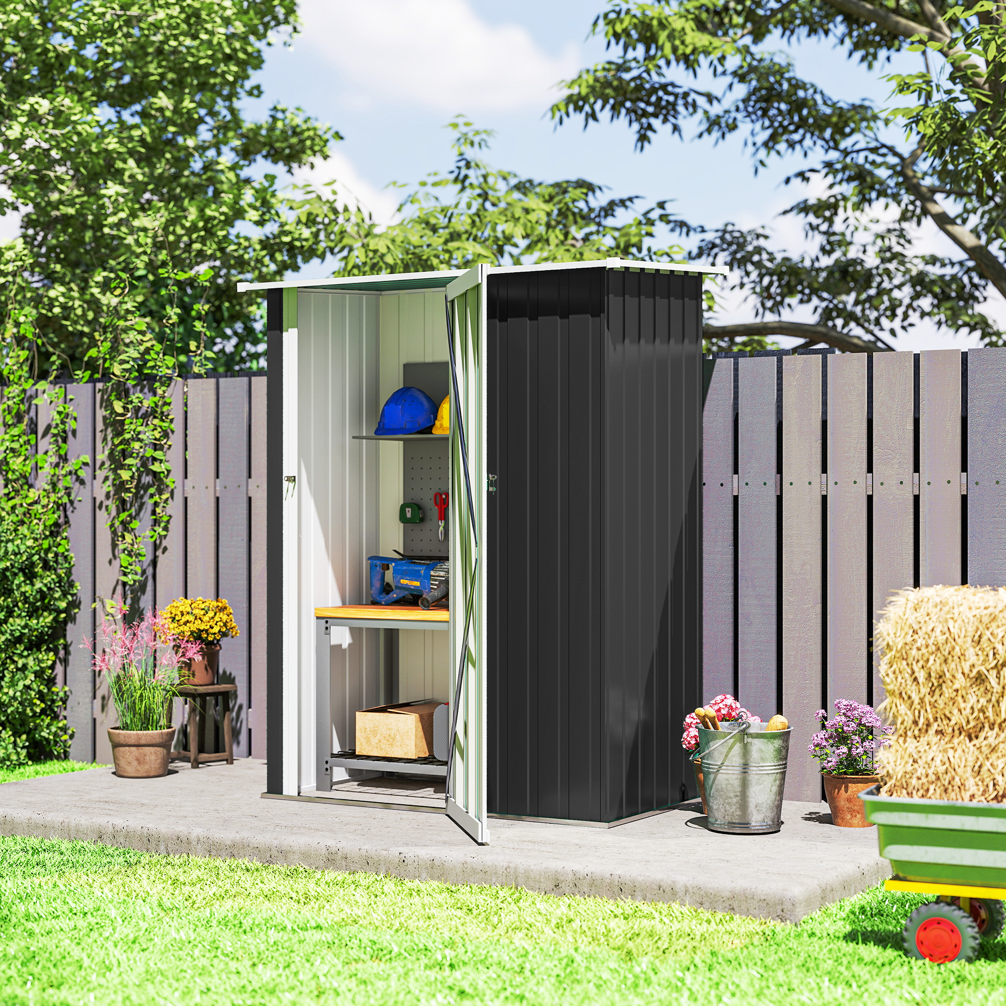 Metall Gerätehaus 1,07 m² 142 x 86 x 189 cm Geräteschuppen mit Pultdach Abschließbarer Tür, wetterfest Gartenhaus Outdoor Garten Schuppen für Hinterhof Außenbereich Dunkelgrau