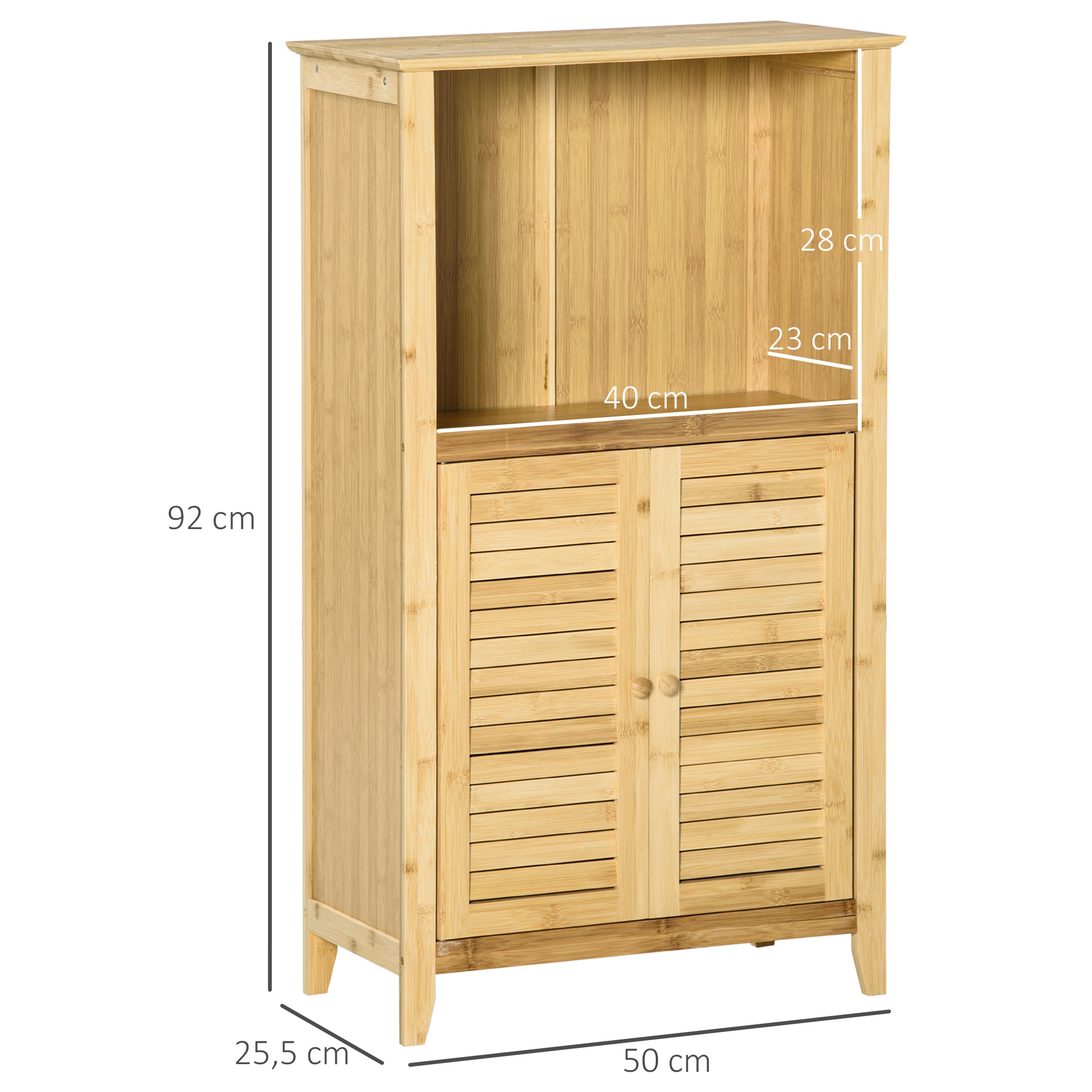 Badezimmerschrank Badschrank Standregal mit 2 Lamellentüren, offenem Regal, Bambus, Aufbewahrungsschrank Schrank für Badezimmer, Wohnzimmer 50 x 25,5 x 92cm Natur