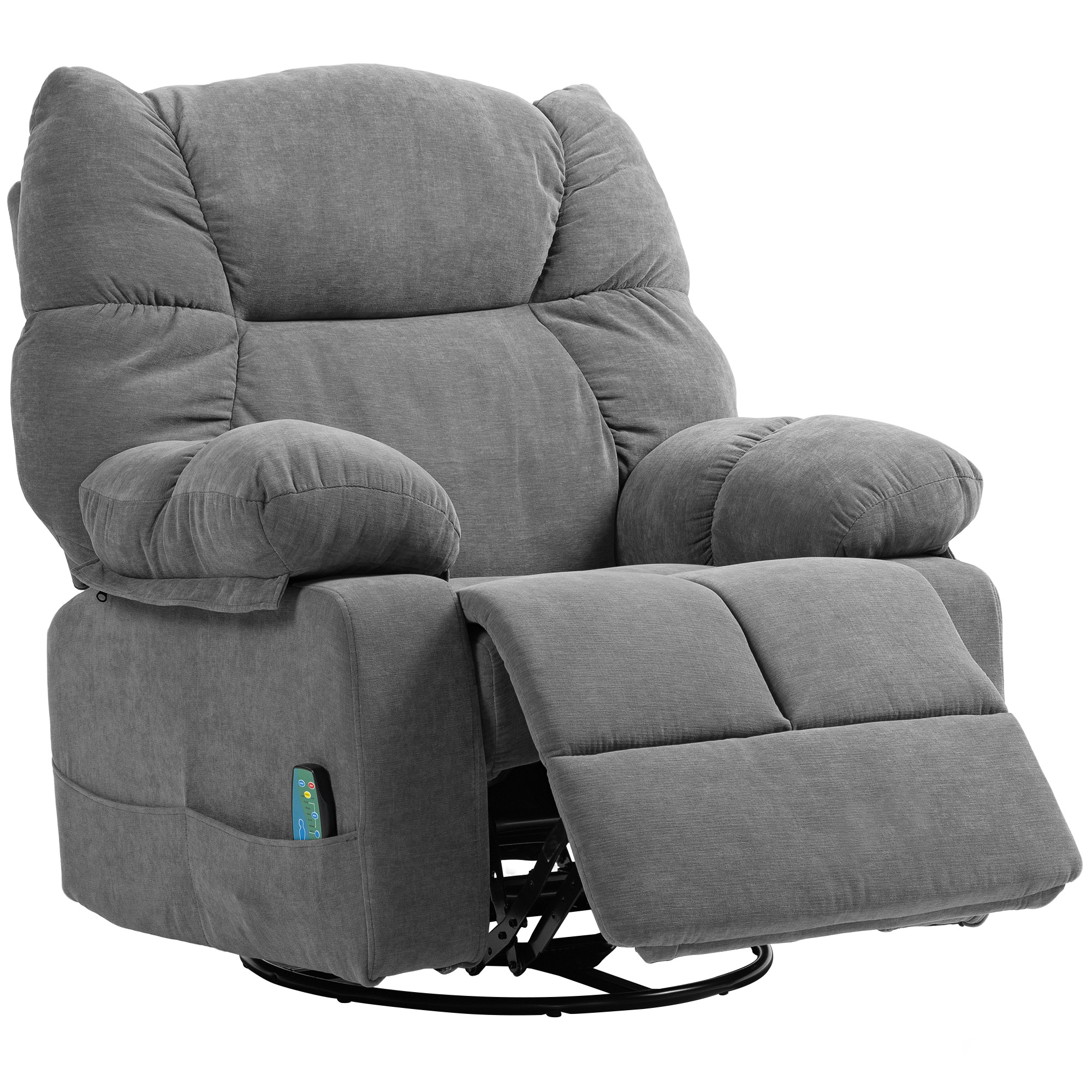 Relaxsessel mit Massagefunktion, Liegefunktion, Drehbarer Massagesessel, 4 Seitentaschen und Fernbedienung, Dunkelgrau