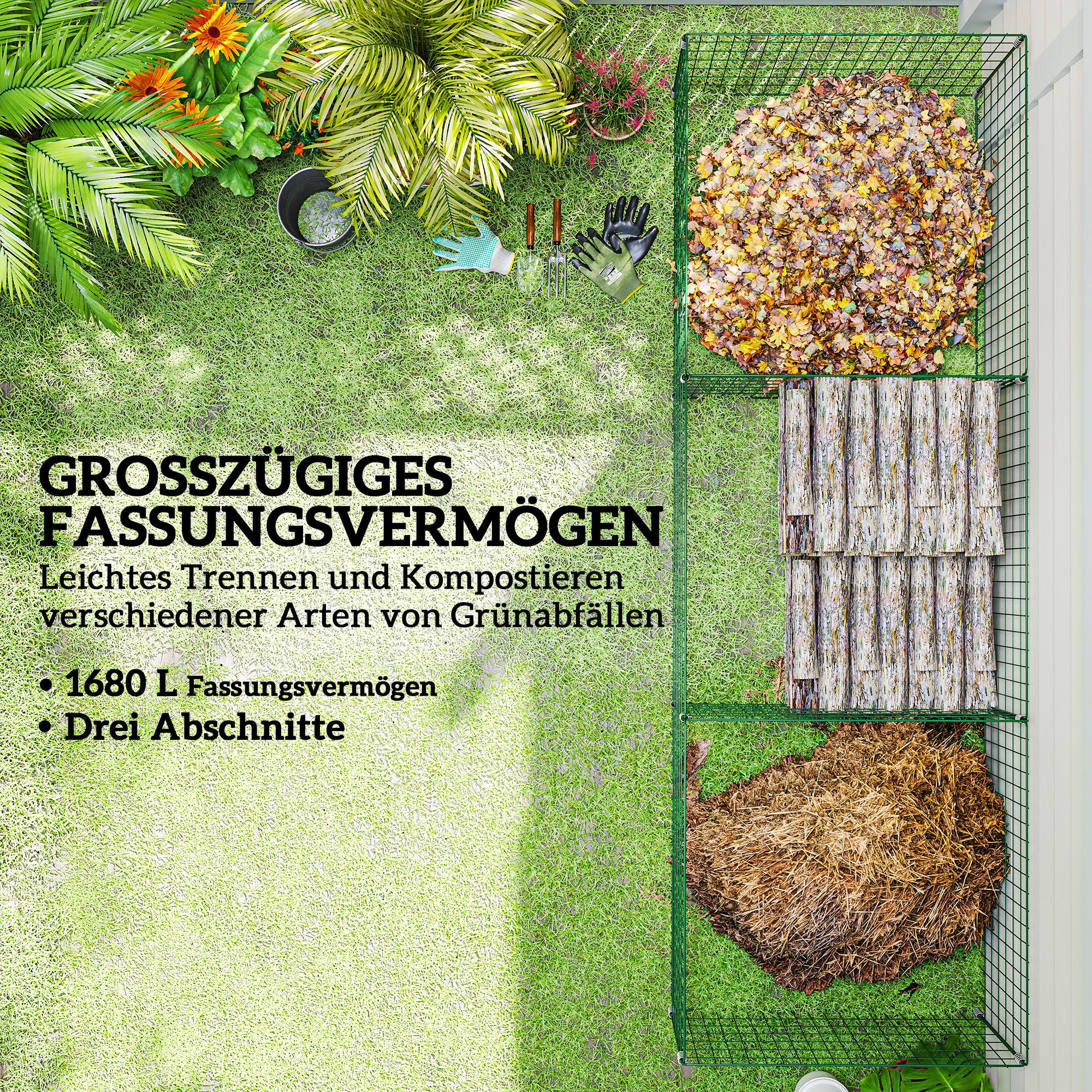 Komposter 1680 Liter, 270 x 90 x 70 cm 3-teilig Schnellkomposter aus Stahl, wetterfest Grün