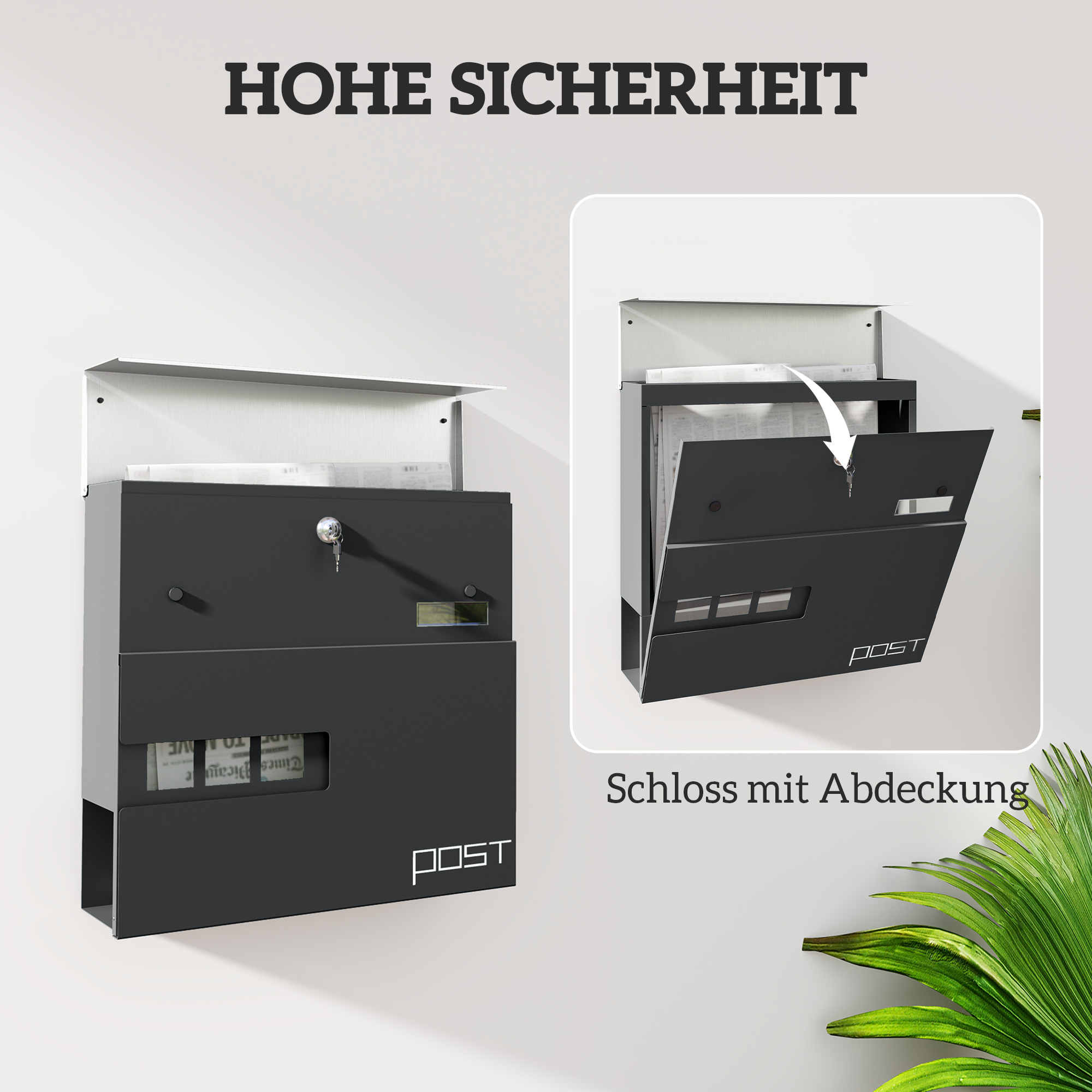 Briefkasten, Wandmontage, Abschließbar, Sichtfenster, Stahl, Grau