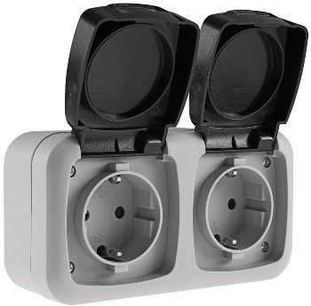 Feuchtraum Doppel-Steckdose, IP44 - 250V~/ 16A, inkl. AP-Rahmen, grau Feuchtraum Doppel-Steckdose, IP44 - 250V~/ 16A, inkl. AP-Rahmen, grau