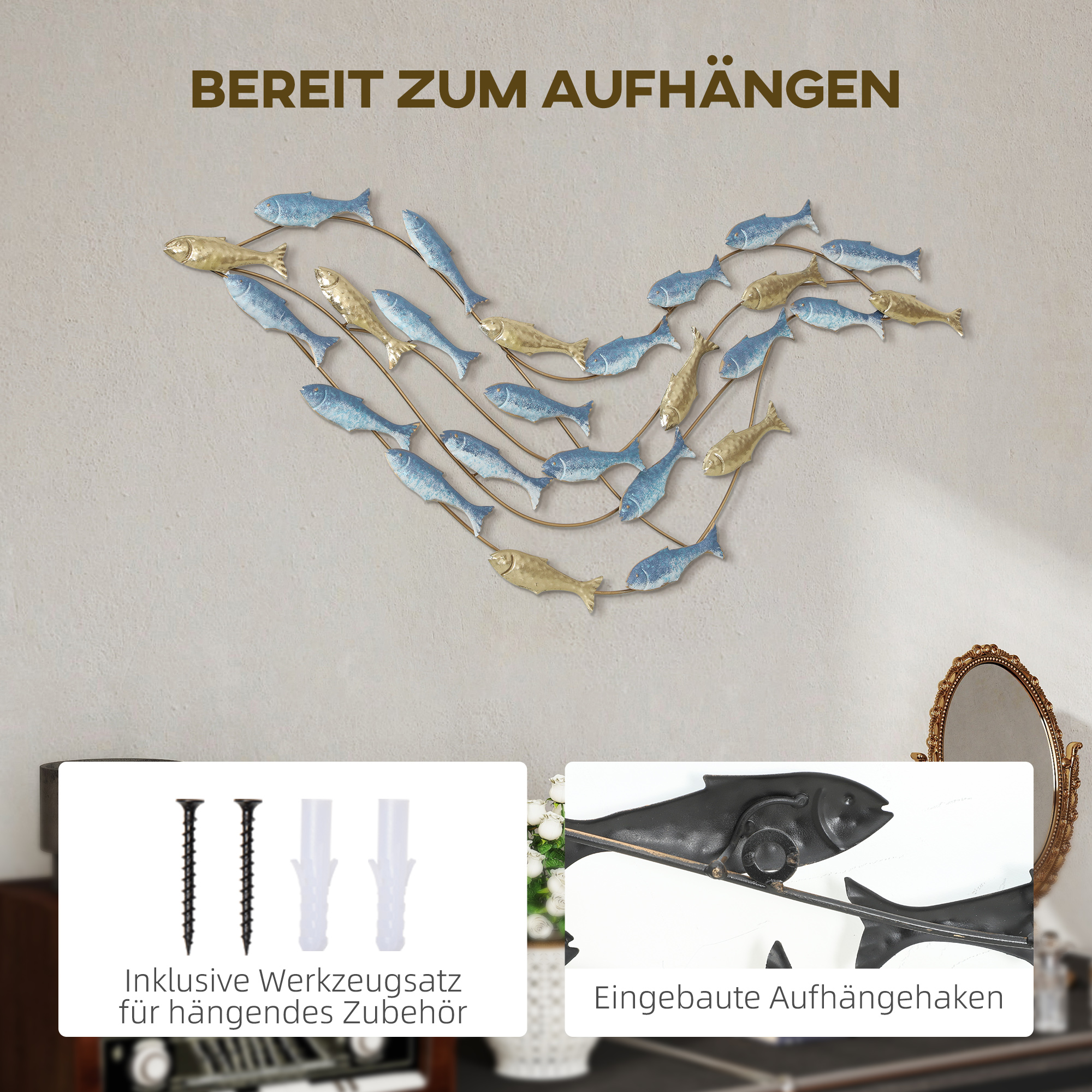 Wandkunst aus Metall, Fischdesign, rostbeständig, moderner Stil, elegant, Hellblau