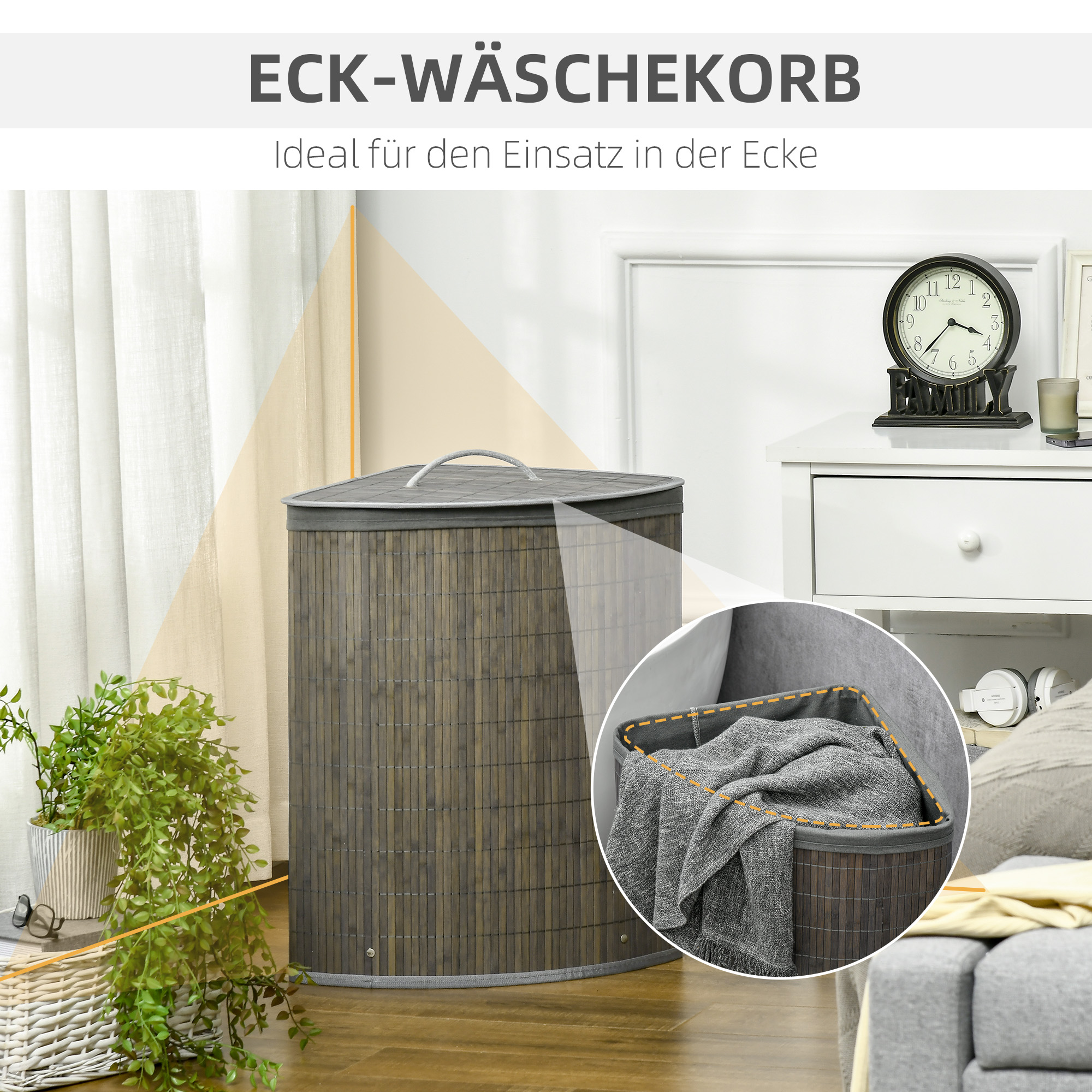 55 L Wäschekorb mit Deckel, Griff, Wäschesortierer mit herausnehmbarem Wäschesack für Badezimmer, Bambus, Grau