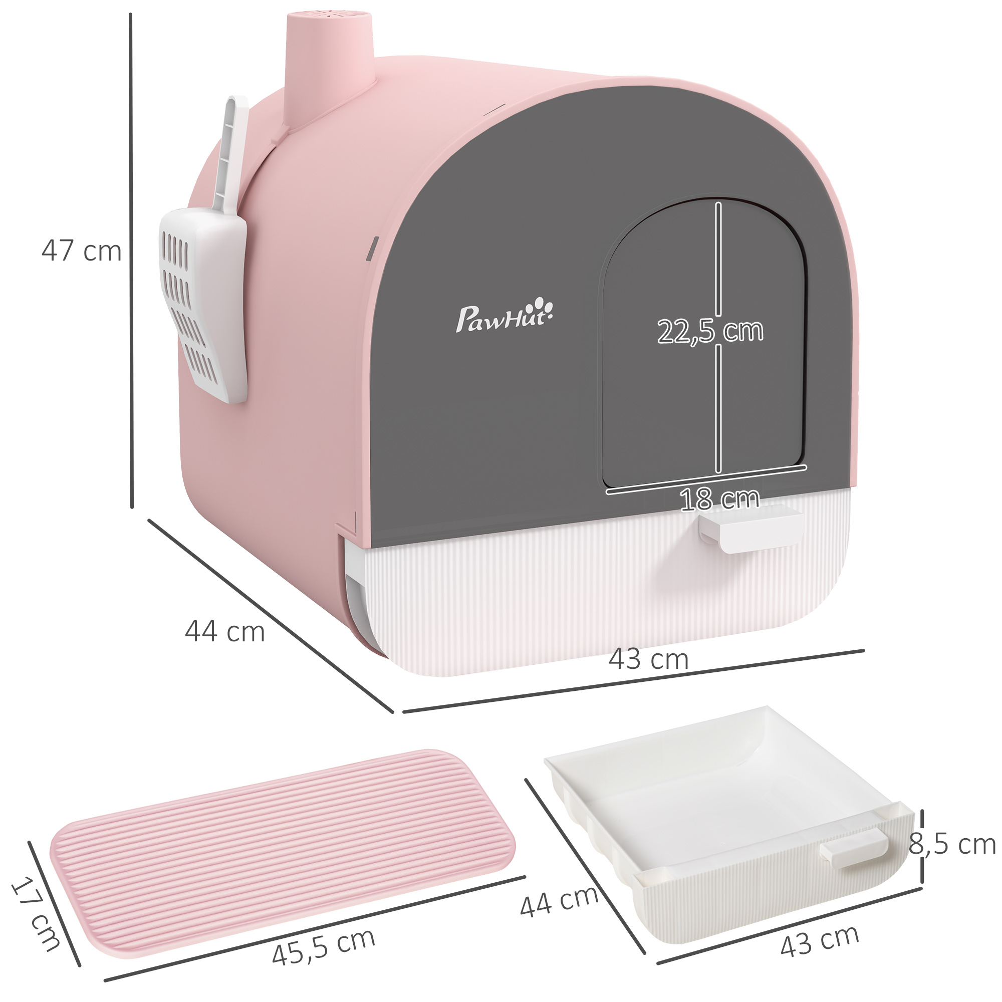 Katzentoilette mit Deckel, Streuschaufel, Schmutzfangmatte, Kunststoff, Rosa/Schwarz