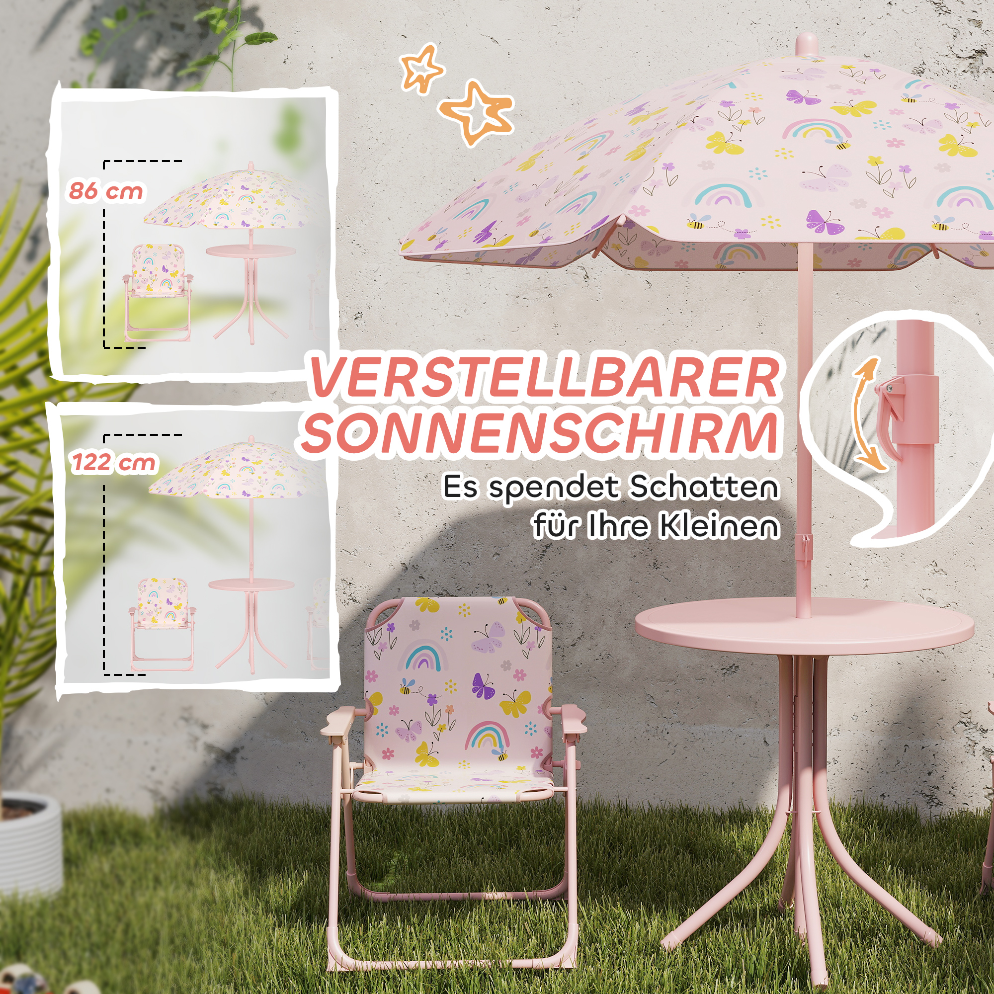 Kinder-Sitzecke, Klappstuhl-Sitz-Set mit Sonnenschirm, Buntes Muster, Rosa