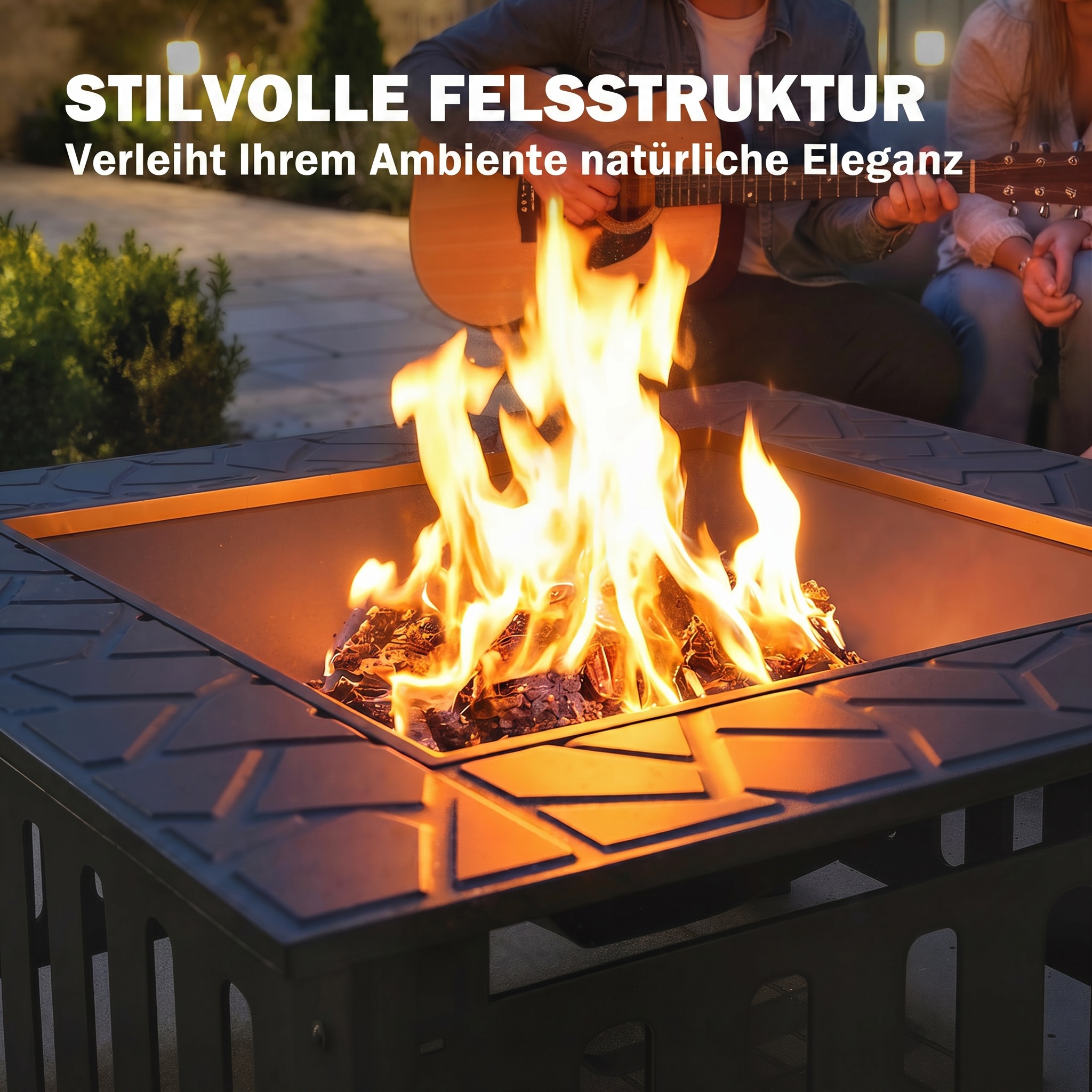 Feuerschale aus Stahl Feuerstelle mit Funkenschutz Schürhaken für Outdoor Camping 67x67x47cm Schwarz