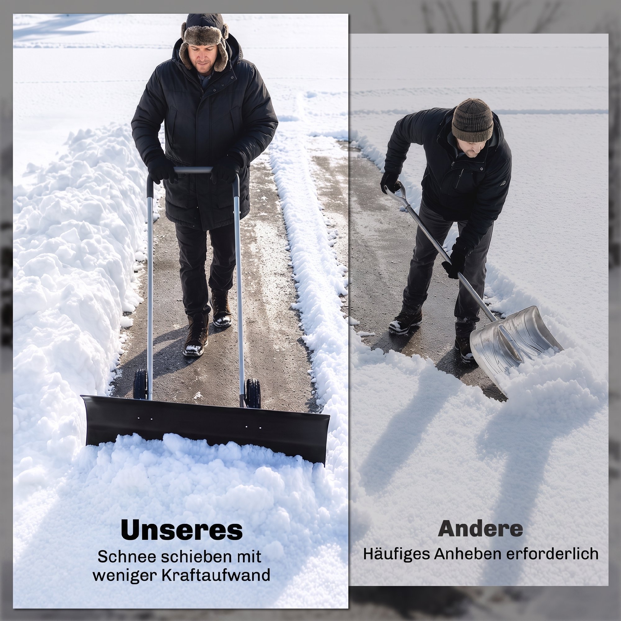 Schneeschieber groß 95 cm extra breit Aluminium Schneeschaufel mit Rädern verstellbar & rutschfest Griff, angewinkelt