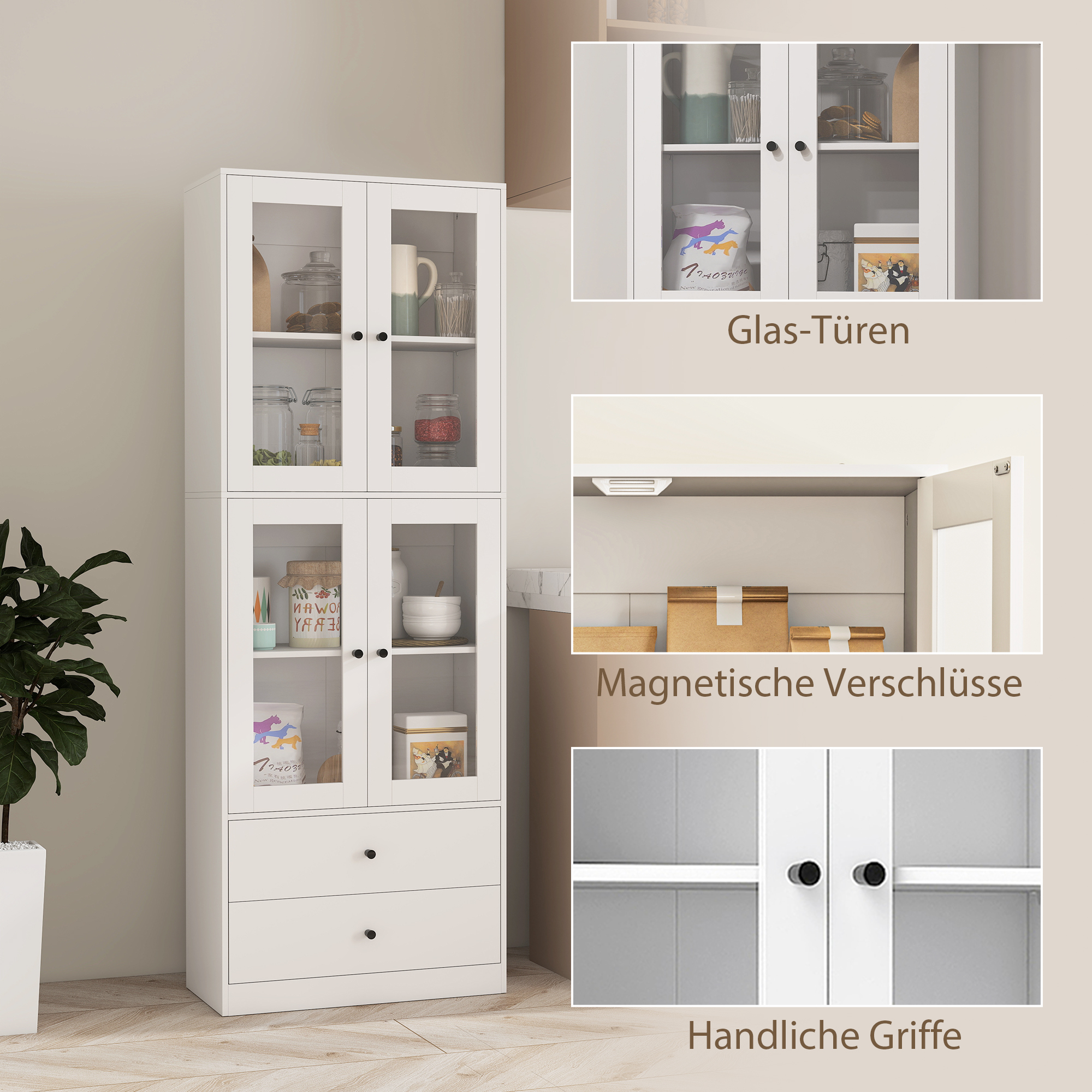 Küchenschrank mit Schubladen und Glastüren, Melamin-Oberfläche, Weiß