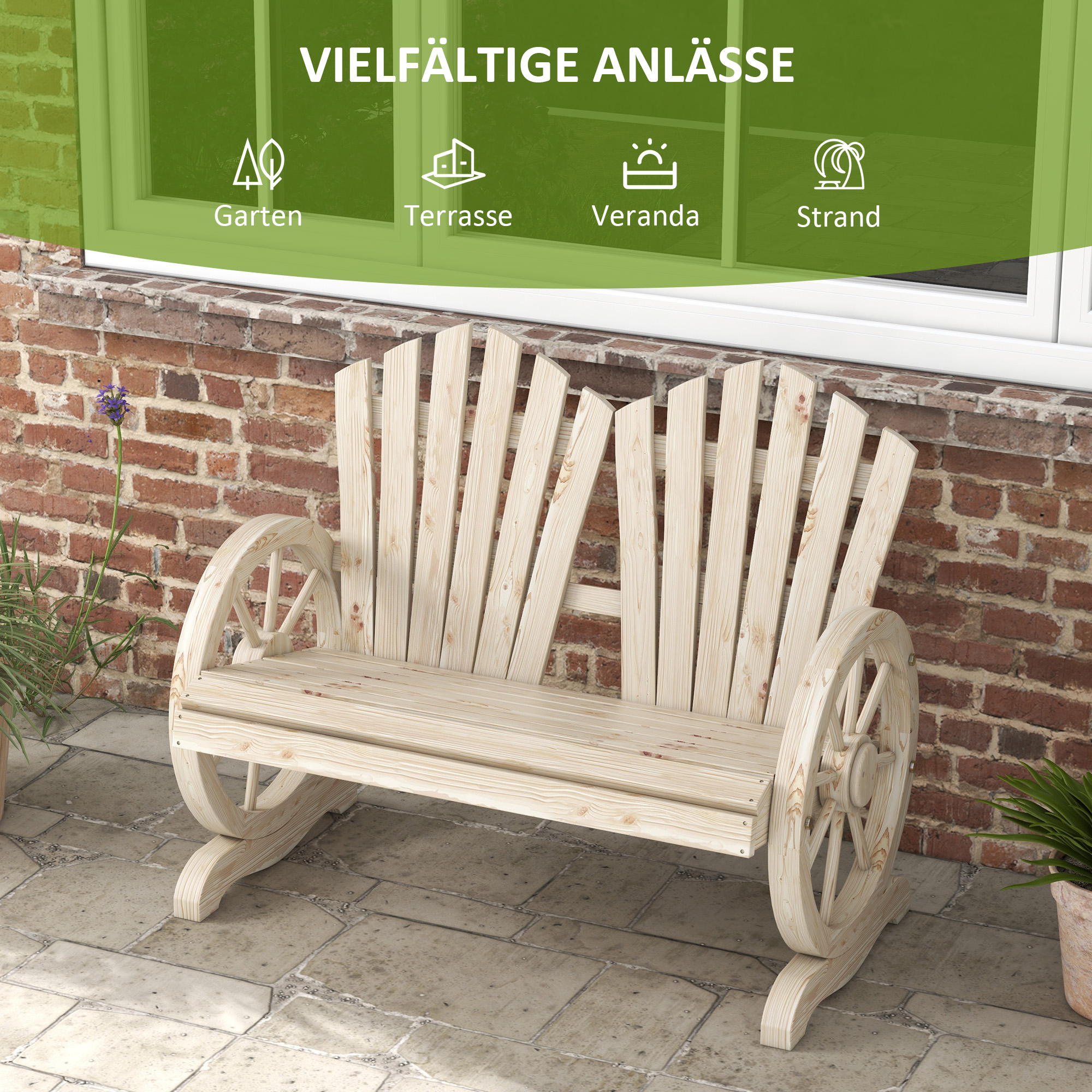 Gartenbank, Wagenrad-Design, für 2 Personen, Naturholz