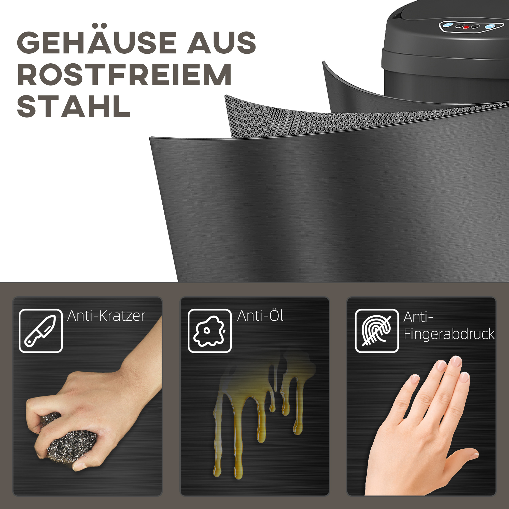 50 Liter Sensor-Mülleimer mit Soft-Close-Funktion, berührungsfreier Abfalleimer aus Edelstahl für hygienische Küchen