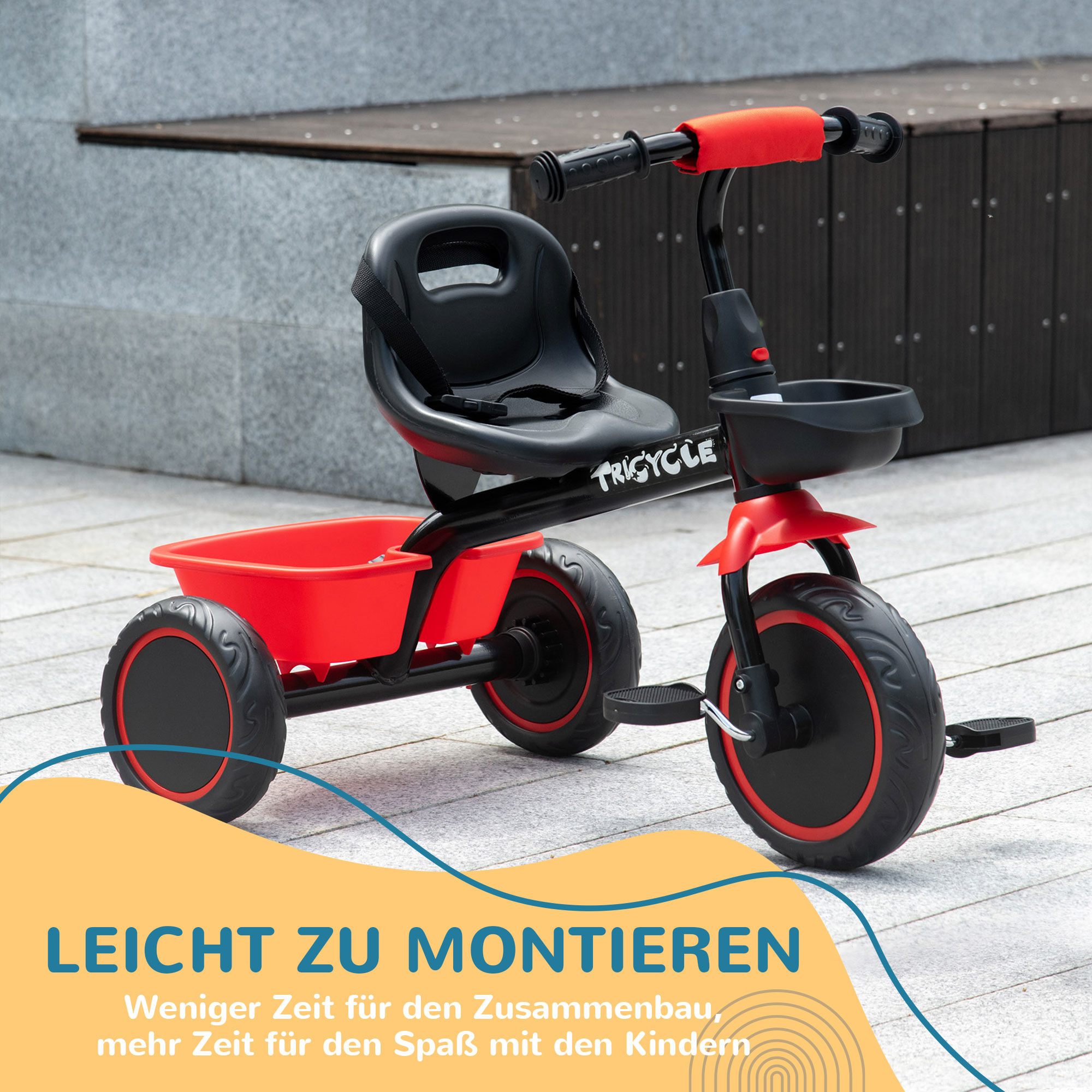 Kinderdreirad mit Beckengurt, 2 Körben, höhenverstellbarer Sitz, Metallrahmen, für Kinder 2-5 Jahre, schwarz+rot