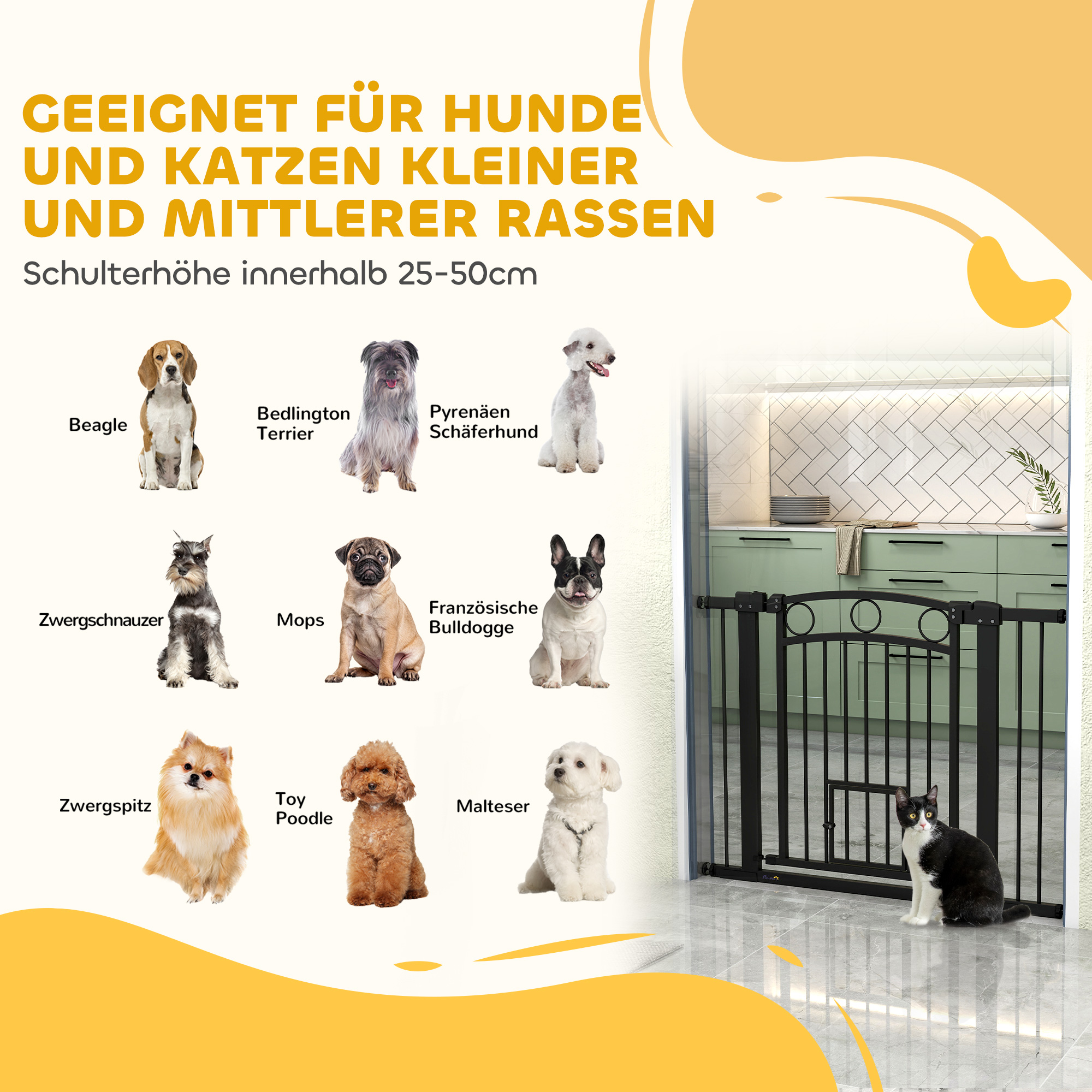 Haustiertor, 77 cm Treppengatter, verstellbare Breite 76-104 cm, mit Katzentür, für Treppen und Türöffnungen, Schwarz