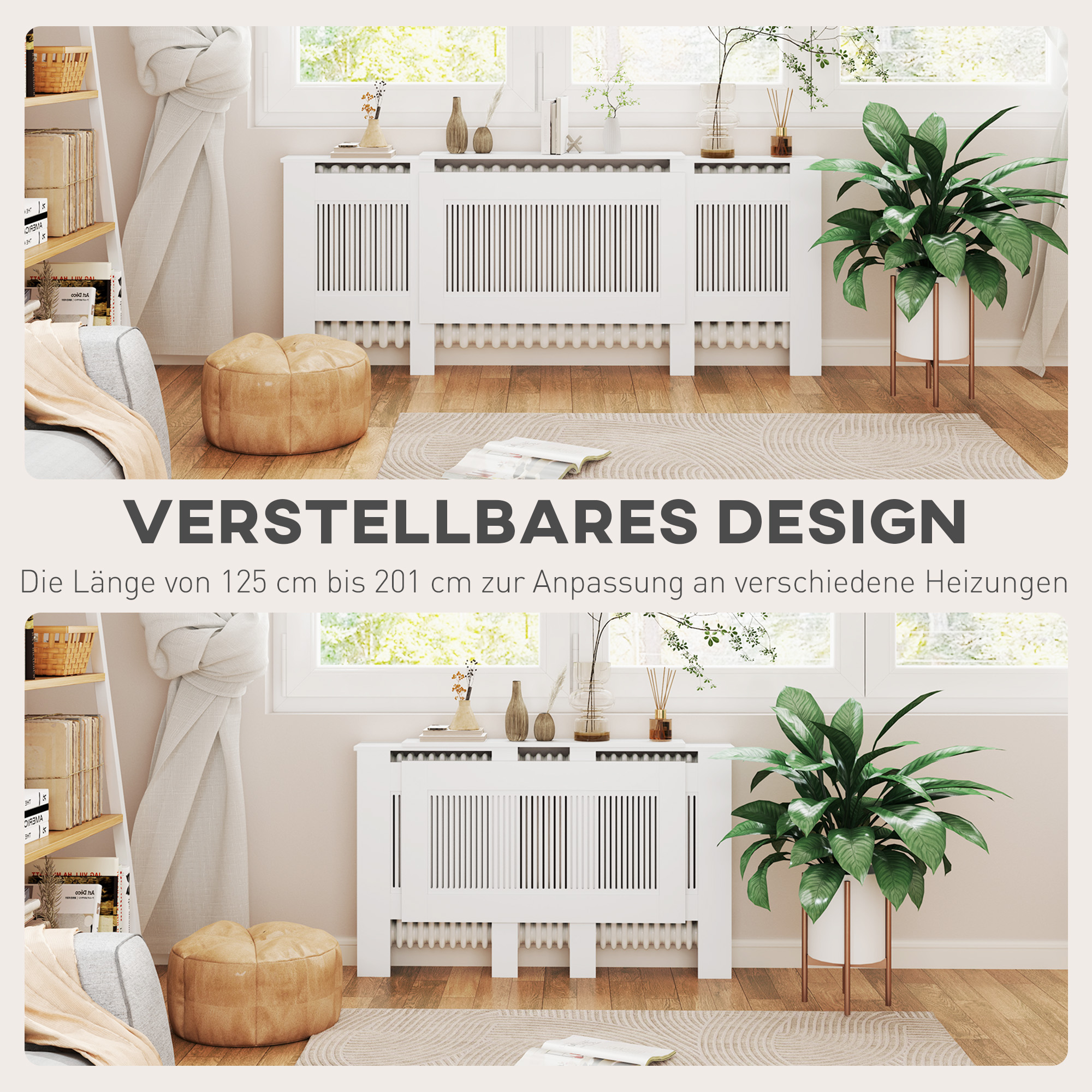 Heizkörperverkleidung, Lamellendesign, verstellbare Länge 125-201 cm, MDF, Weiß