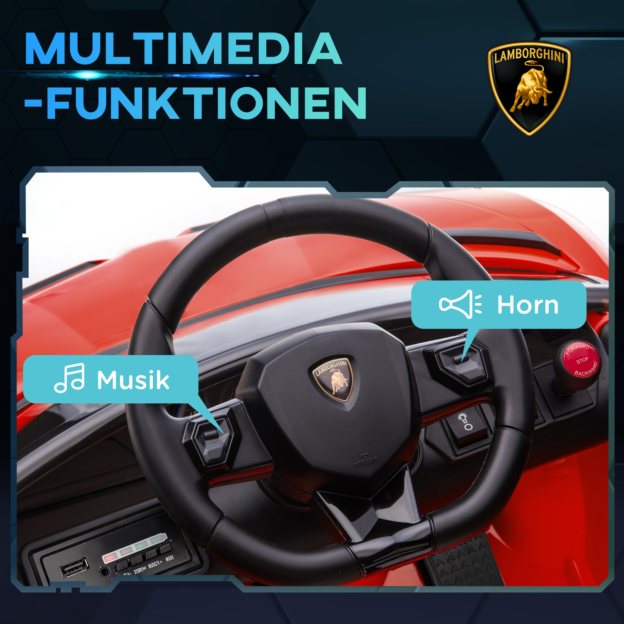 Elektro-Kinderauto, lizenzierter Lamborghini Aventador, Flügeltüren, Musik, Hupe, für 3-5 Jahre, rot