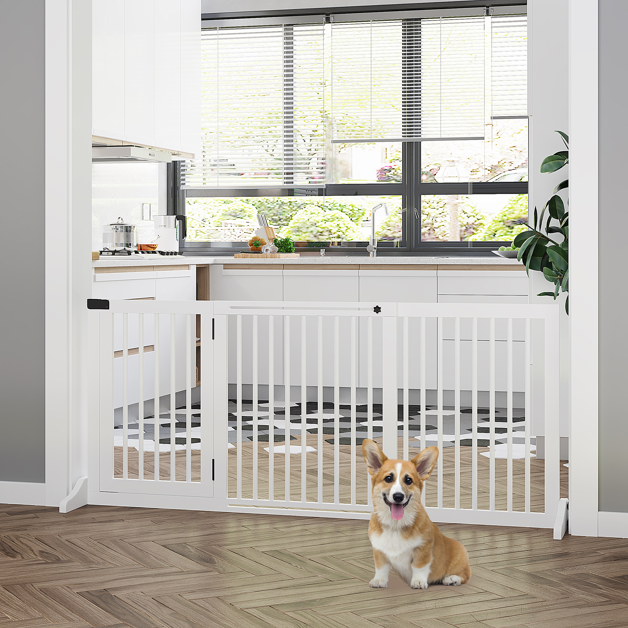 Absperrgitter Hunde Türschutzgitter Schutzgitter aus Holz Freistehendes Hundegitter mit Tür Hundeabsperrgitter Konfigurationsgitter für Kamin & Ofen Weiß 113-166 x 36 x 71 cm