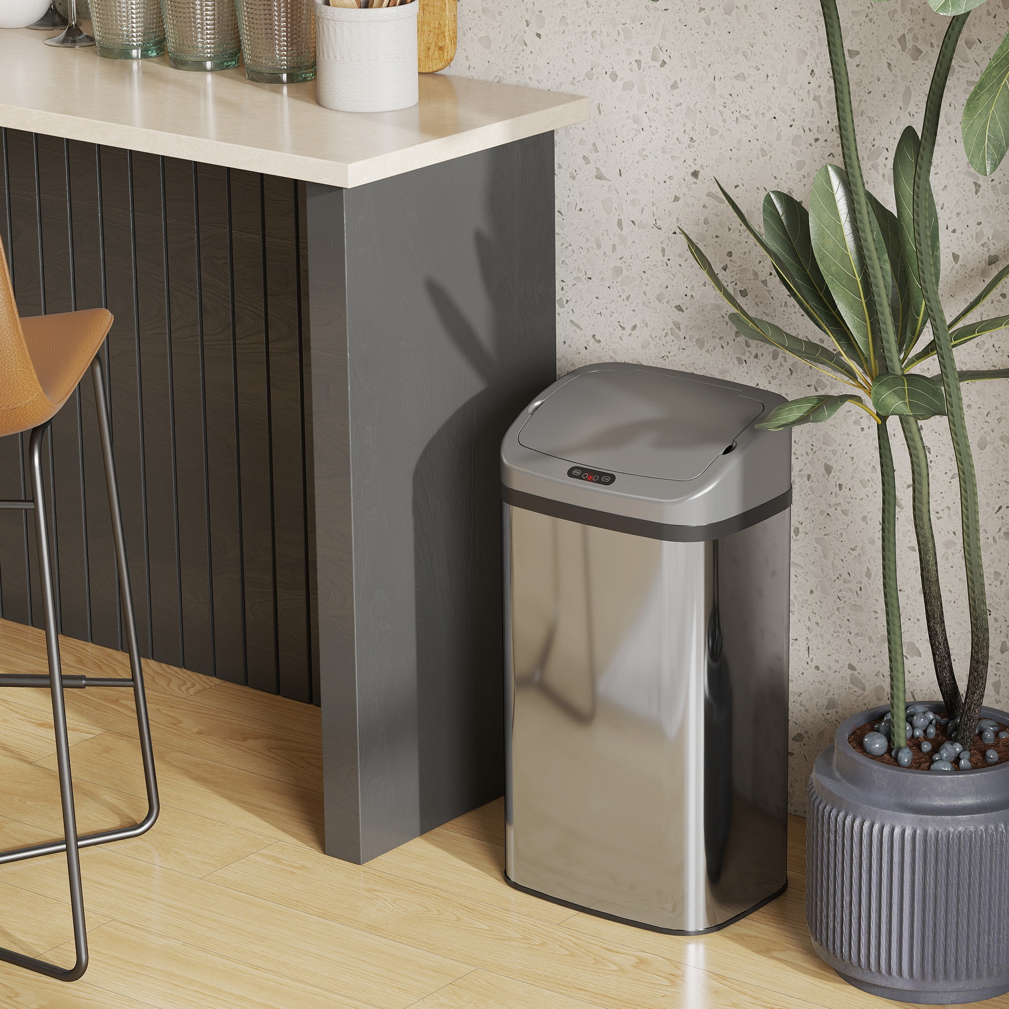 48 L Sensor-Mülleimer für Küche oder Büro, automatische Schließ-Funktion, Edelstahl, Silberton