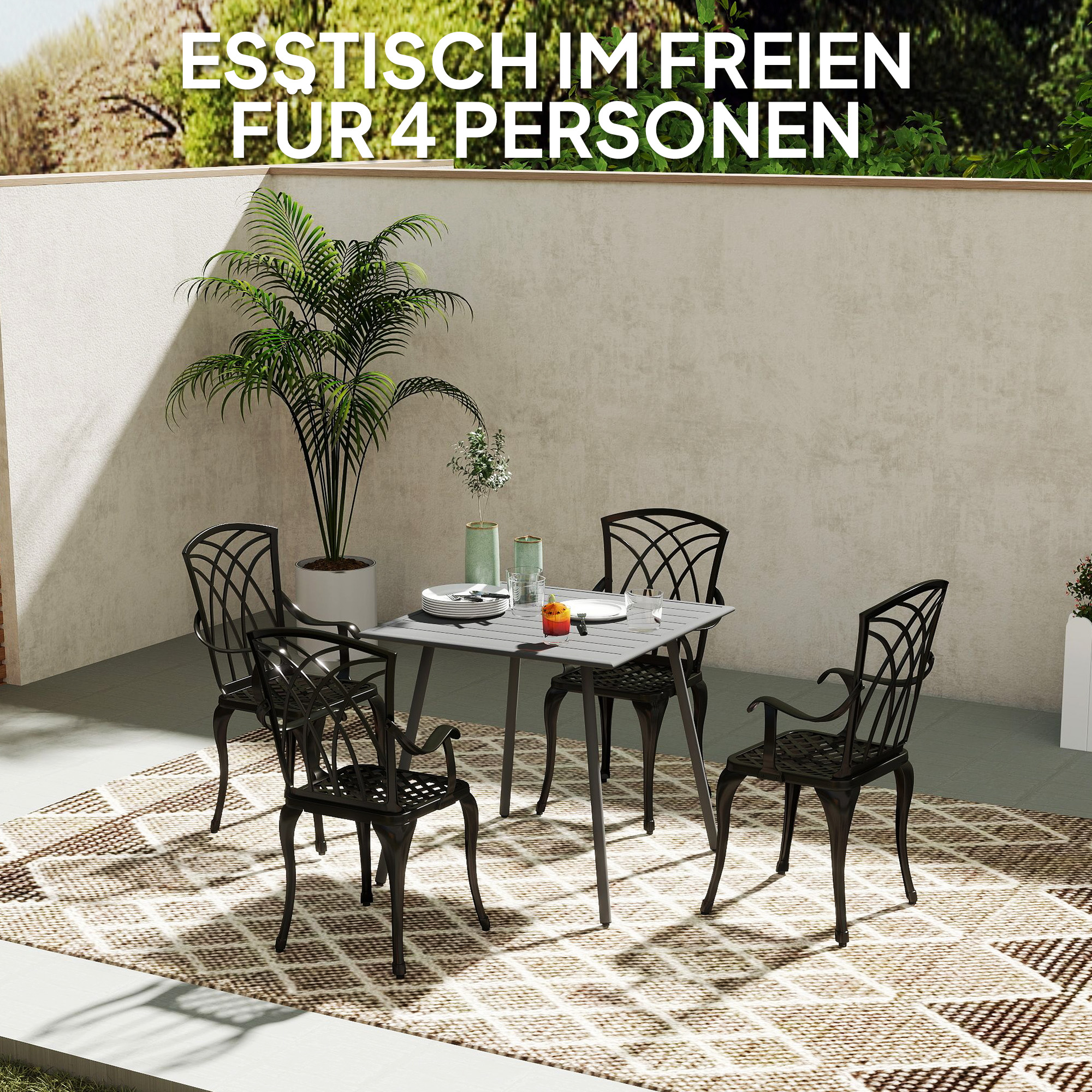 Gartentisch, Outdoor-Esstisch für 4 Personen, Stahlrahmen, leicht zu reinigen, rostbeständig, 80 x 80 x 74 cm, Grau