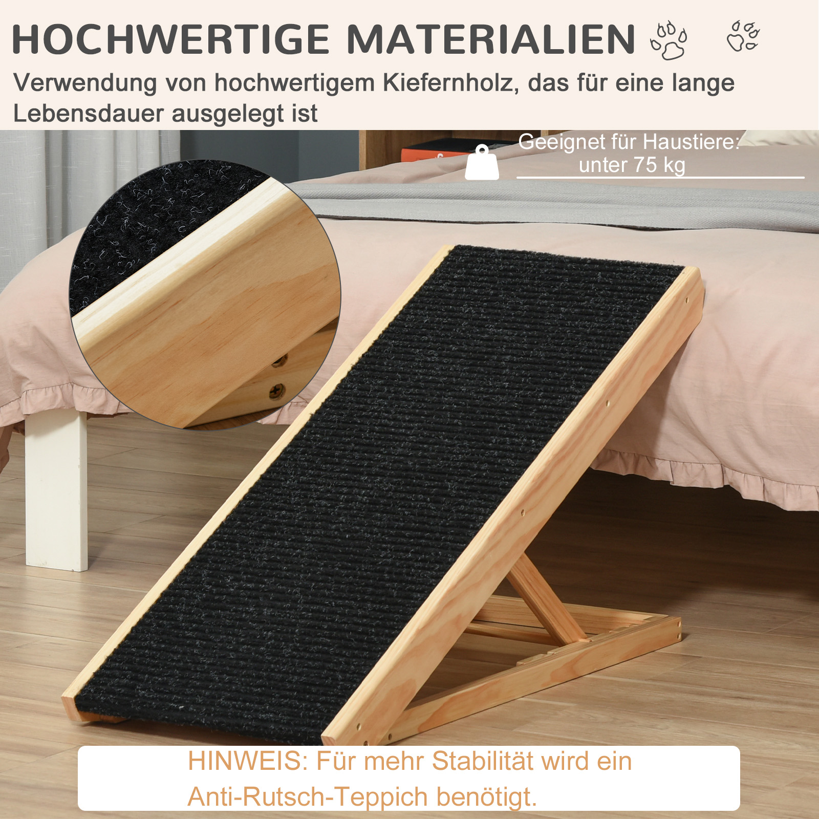 Haustierrampe mit rutschfestem Teppich verstellbarer Haustierleiter Hunderampe für großen Hund Kiefernholz Polyester Schwarz+Naturholz 90B x 40T x 61H cm