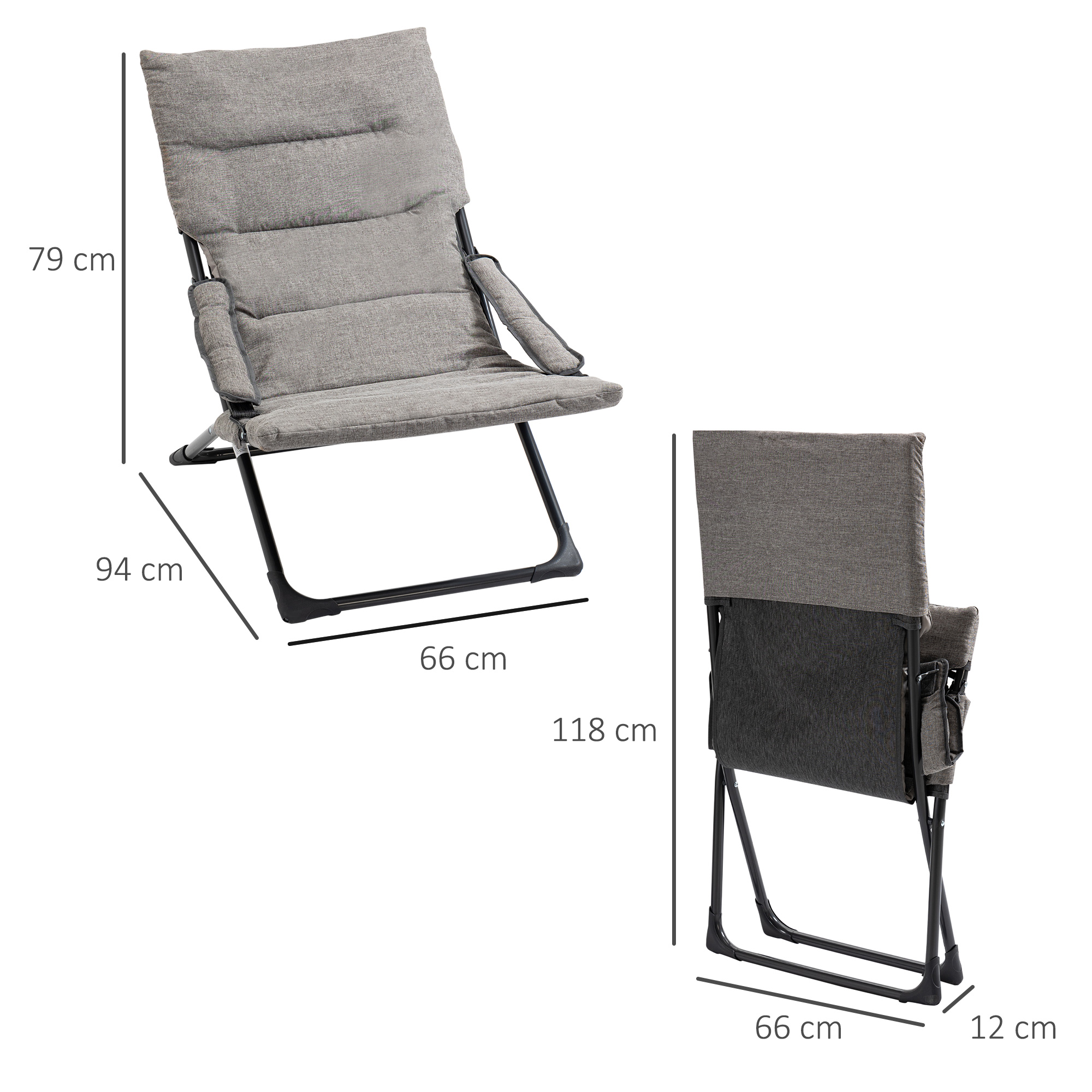 Gartenstuhl aus Metall Klappstuhl mit Auflage abnehmbar wetterfest klappbar Campingstuhl Liegestuhl 120kg Belastbarkeit Sitzmöbel für Garten Terrasse Balkon 66B x 94T x 79H cm Grau