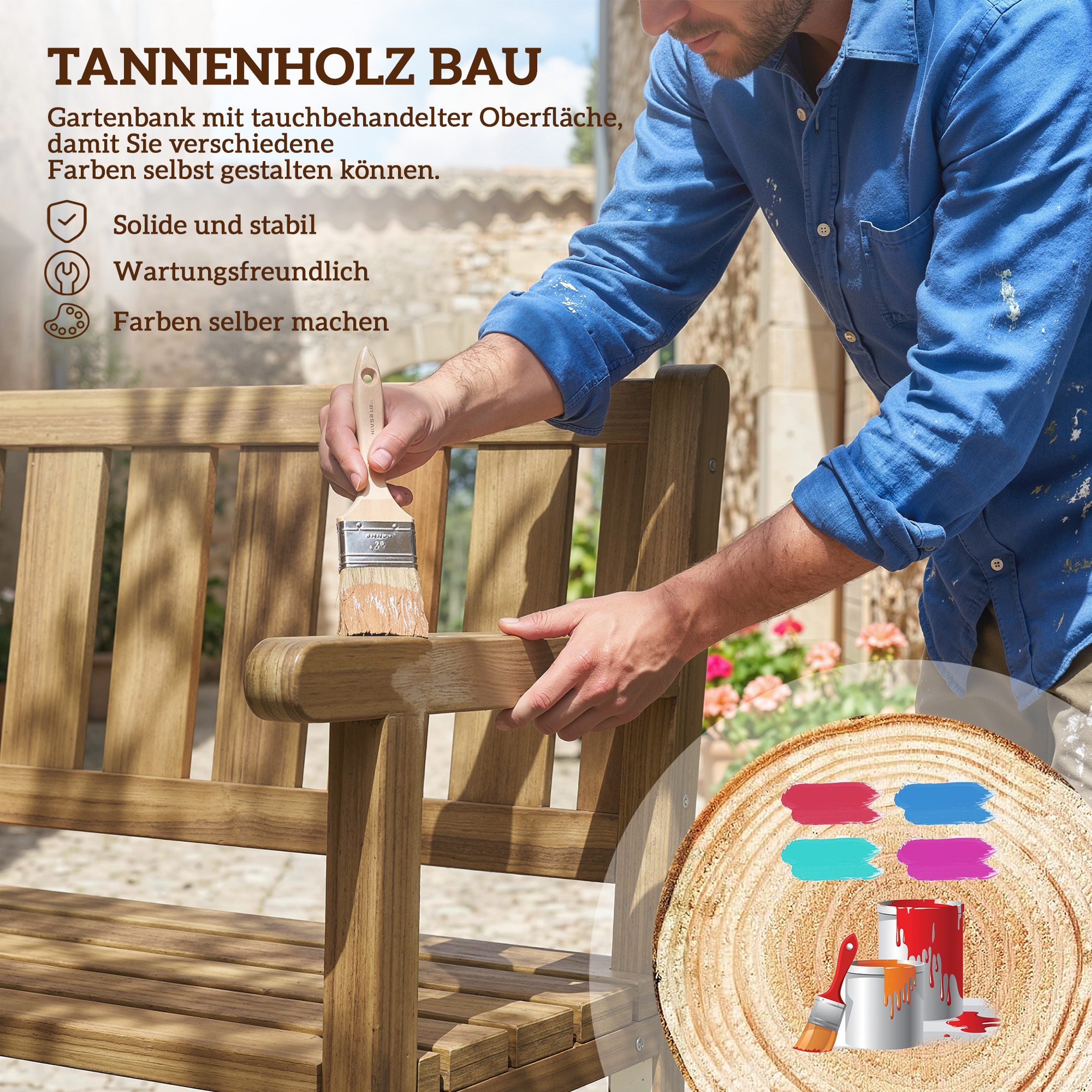 Gartenbank 3-Sitzer Wetterfest Holzbank mit Rückenlehne Armlehnen, Holz Sitzbank 360 kg belastbar Teak