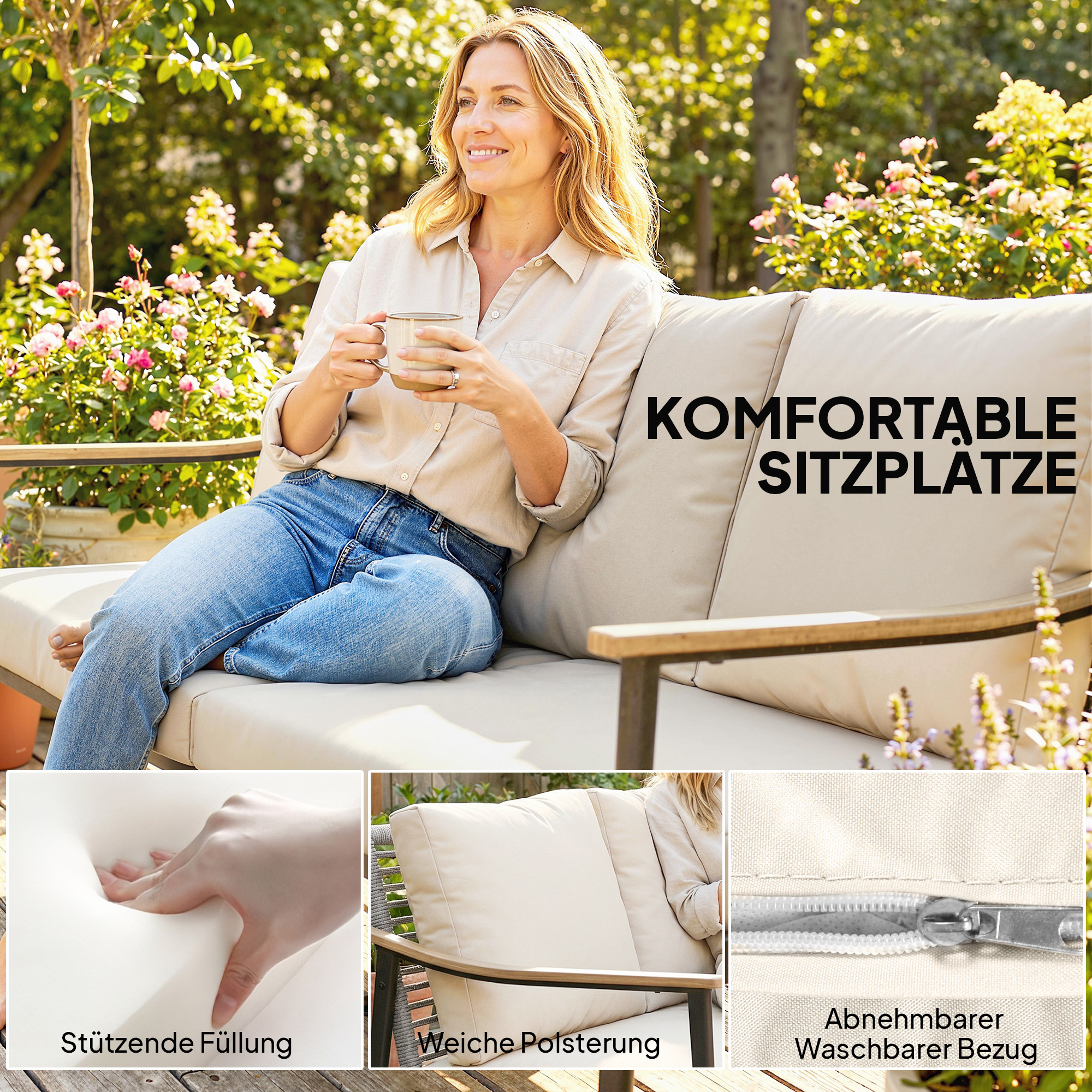 Gartensofa 3-Sitzer Rattan Loungesofa mit abnehmbar Kissen Holzoptik-Armlehnen Stahlrahmen Khaki