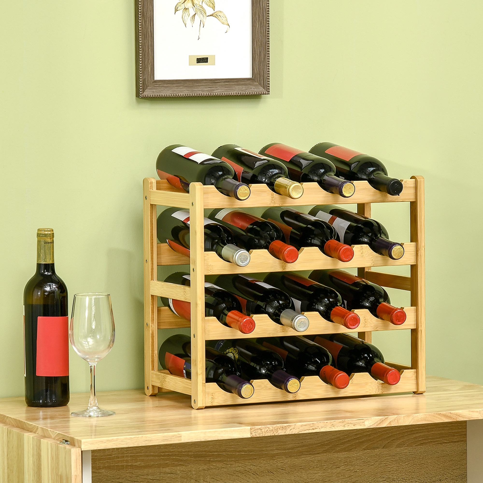 Weinregal aus Bambus für 16  Weinflaschen, 4 Regale, 43 cm x 23,5 cm x 38 cm Natur