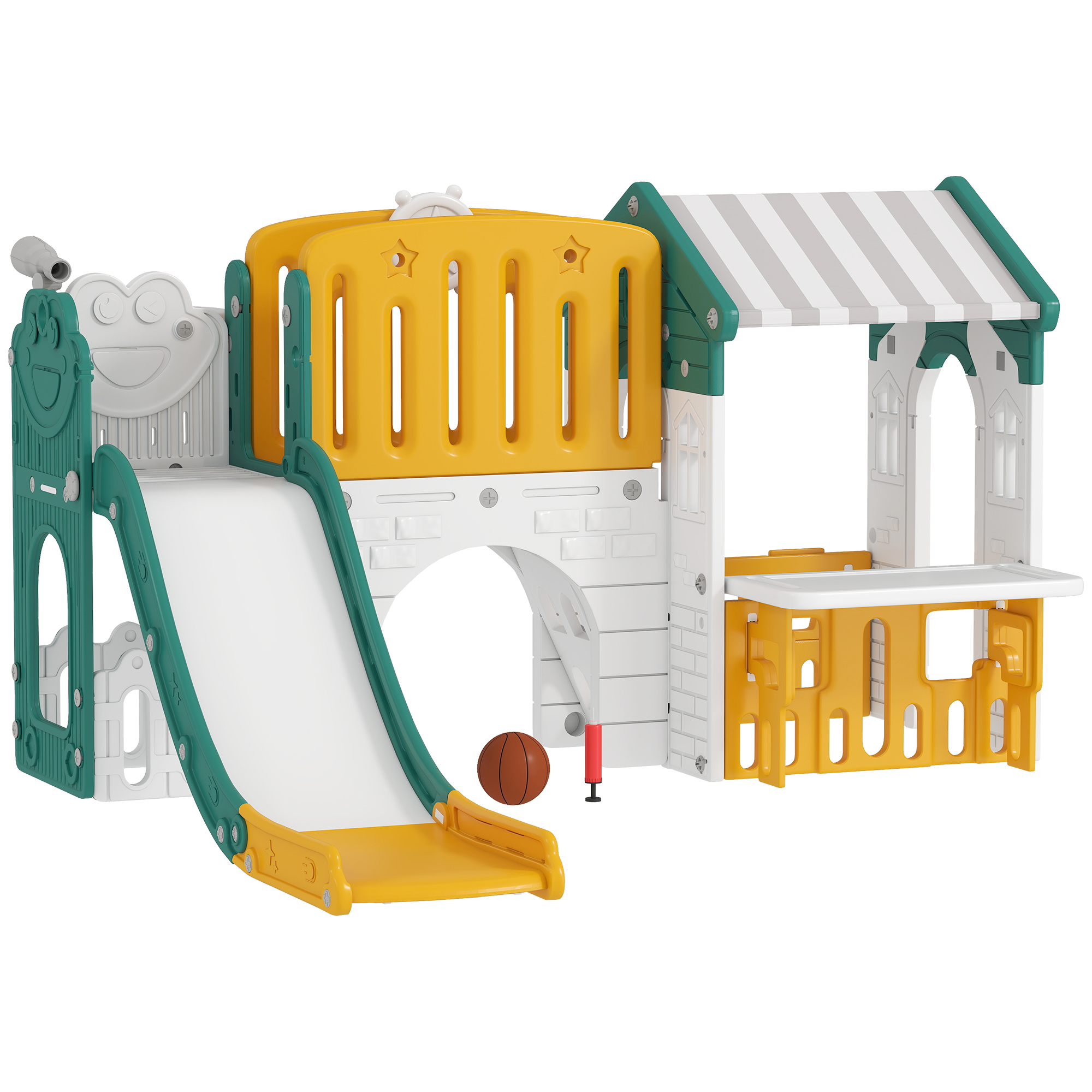 7-in-1 Kinderrutsche, Indoor-Spielplatz, Klettergerüst, Haus, Tafel, Basketballkorb, 1-4 Jahre, Kunststoff, Gelb+Grün 7-in-1 Kinderrutsche, Indoor-Spielplatz, Klettergerüst, Haus, Tafel, Basketballkorb, 1-4 Jahre, Kunststoff, Gelb+Grün