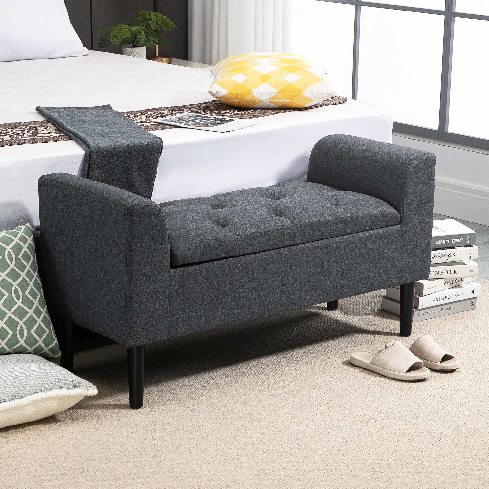 Sitzbank mit Stauraum, Polsterbank mit Leinenoptik, Holzbeine, Bettbank belastbar bis 130 kg, für Wohnzimmer Schlafzimmer Flur, 116 x 44 x 58 cm Dunkelgrau